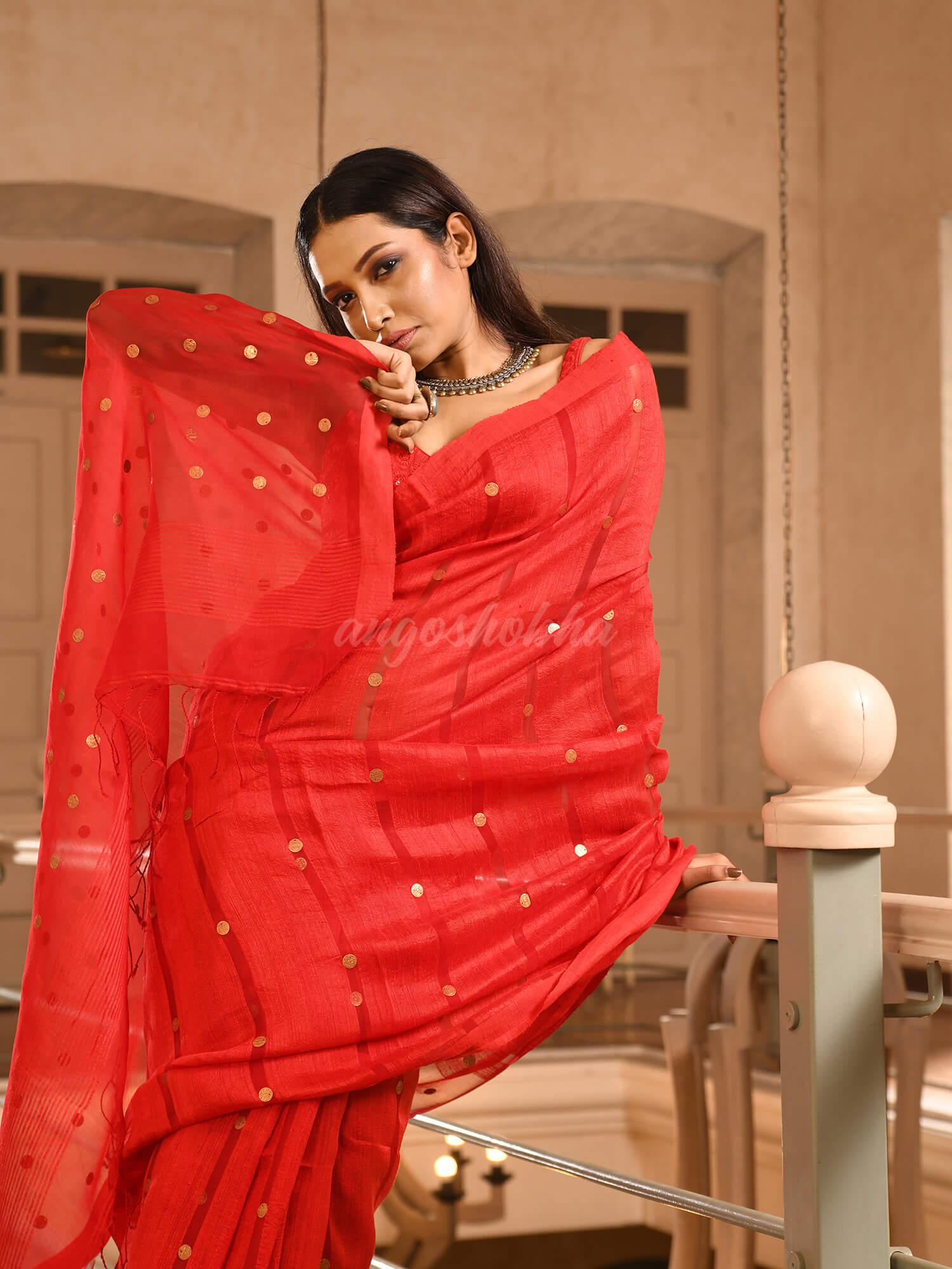 Red Silk Matka All Body Guinea Sequence Handwoven Saree