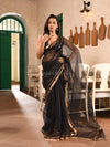 Black Silk Sequence Temple Design Handwoven Muslin Saree