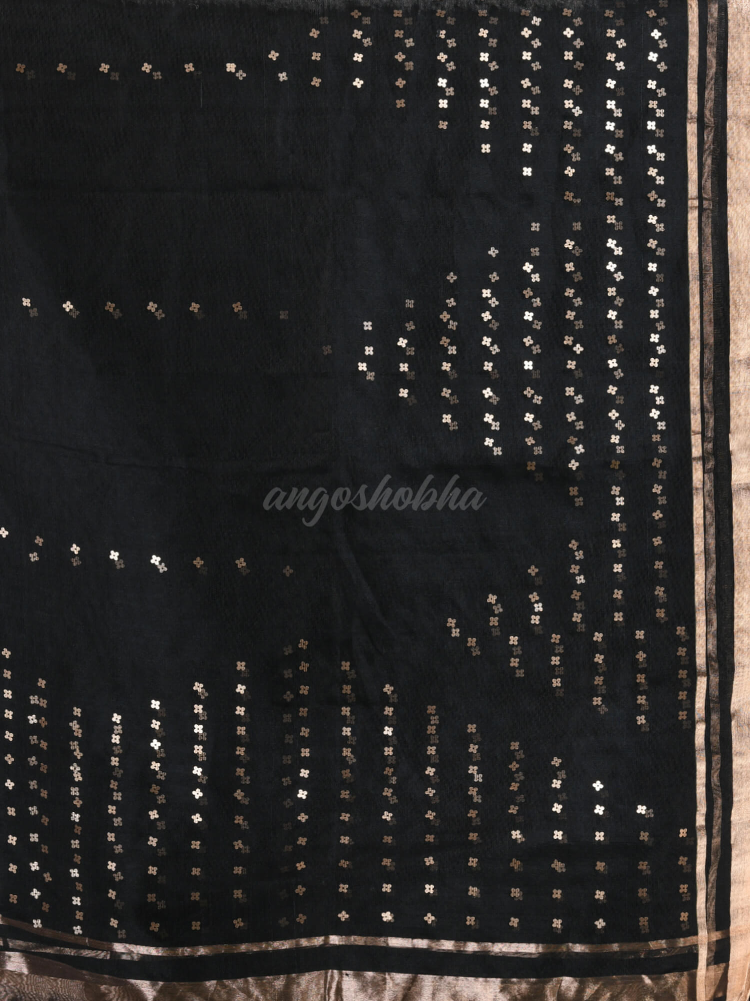 Black Silk Sequence Temple Design Handwoven Muslin Saree