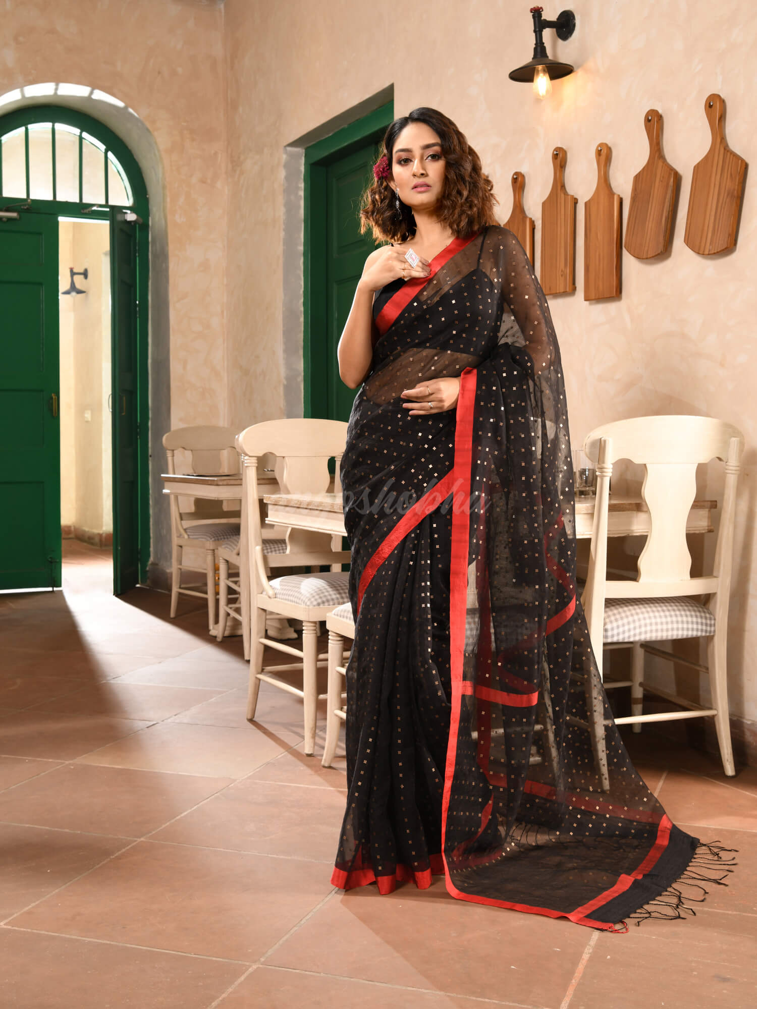 Black Silk All Body Sequence Work Handwoven Muslin Saree