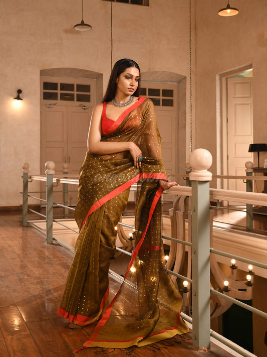 Mustard Silk All Body Sequence Work Handwoven Muslin Saree