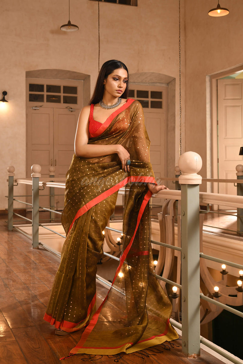 Mustard Silk All Body Sequence Work Handwoven Muslin Saree