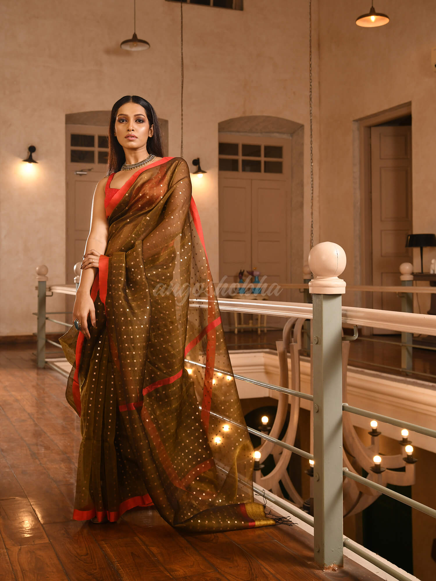 Mustard Silk All Body Sequence Work Handwoven Muslin Saree