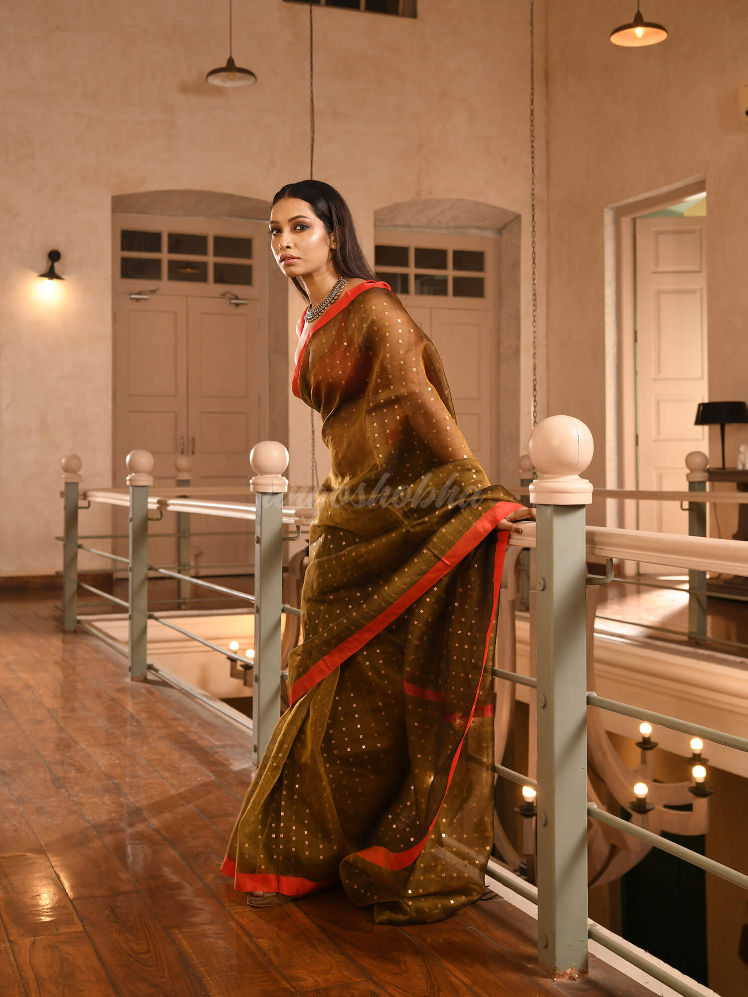 Mustard Silk All Body Sequence Work Handwoven Muslin Saree