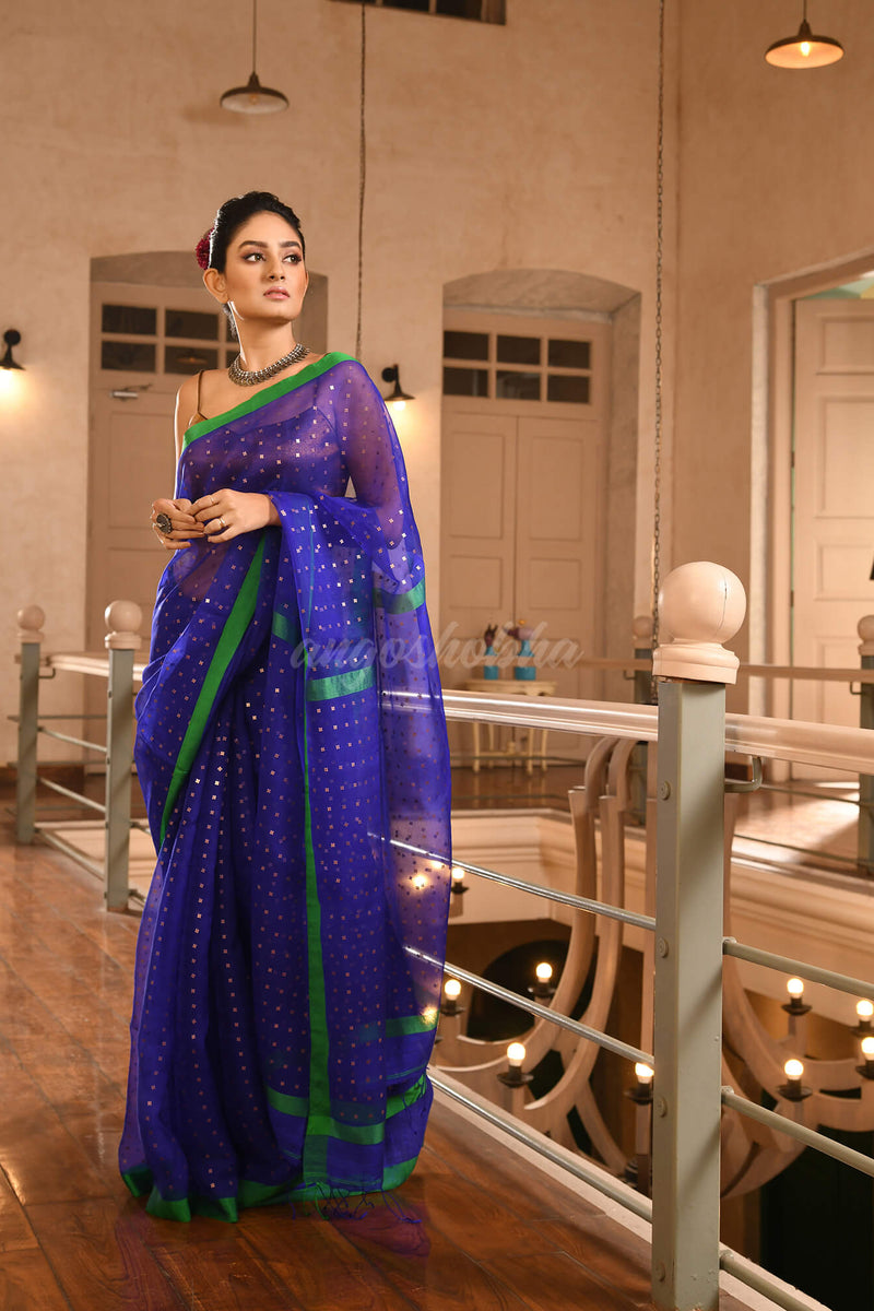 Blue Silk All Body Sequence Work Handwoven Muslin Saree