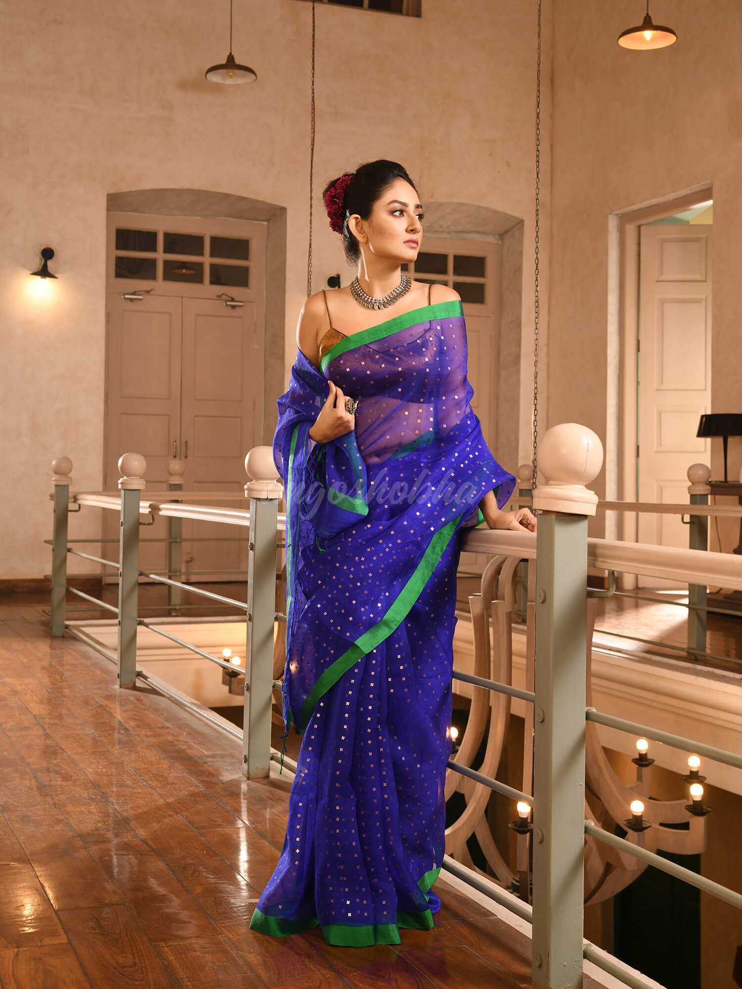 Blue Silk All Body Sequence Work Handwoven Muslin Saree