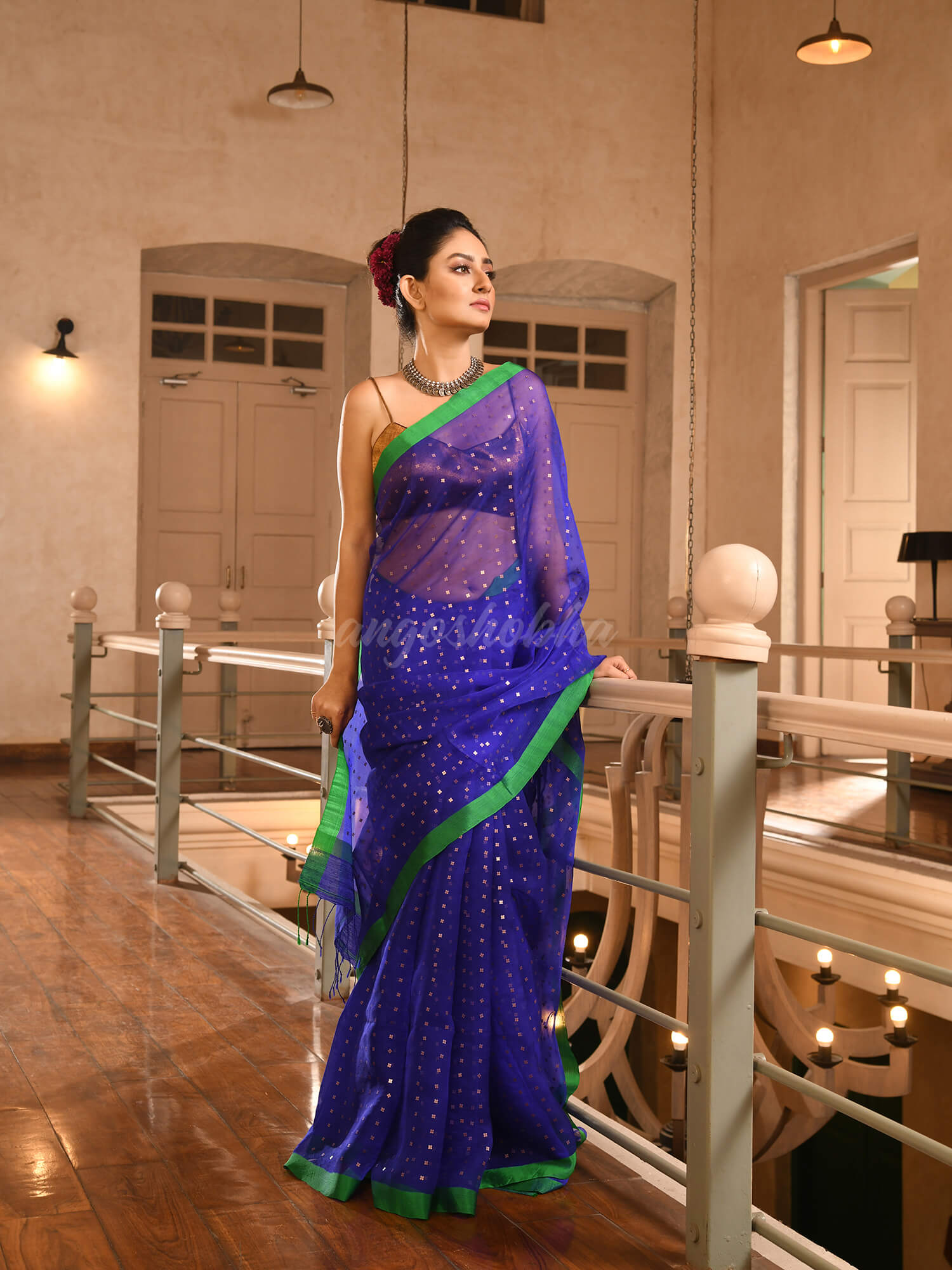 Blue Silk All Body Sequence Work Handwoven Muslin Saree