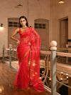 Tomato Red Silk All Body Sequence Work Handwoven Muslin Saree