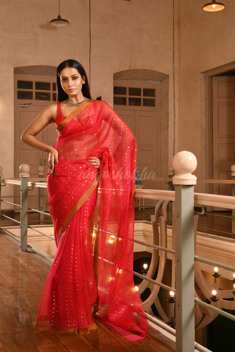 Tomato Red Silk All Body Sequence Work Handwoven Muslin Saree