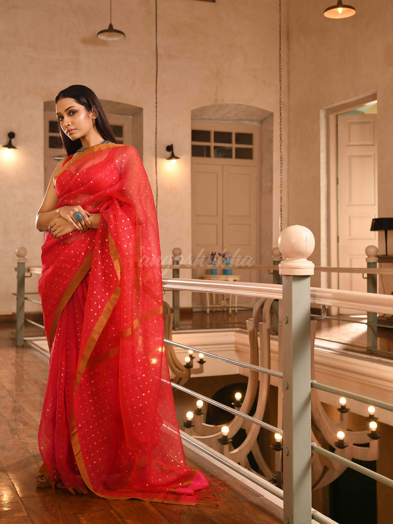 Tomato Red All Body Sequence Work Handwoven (rokto joba) Muslin Silk Saree