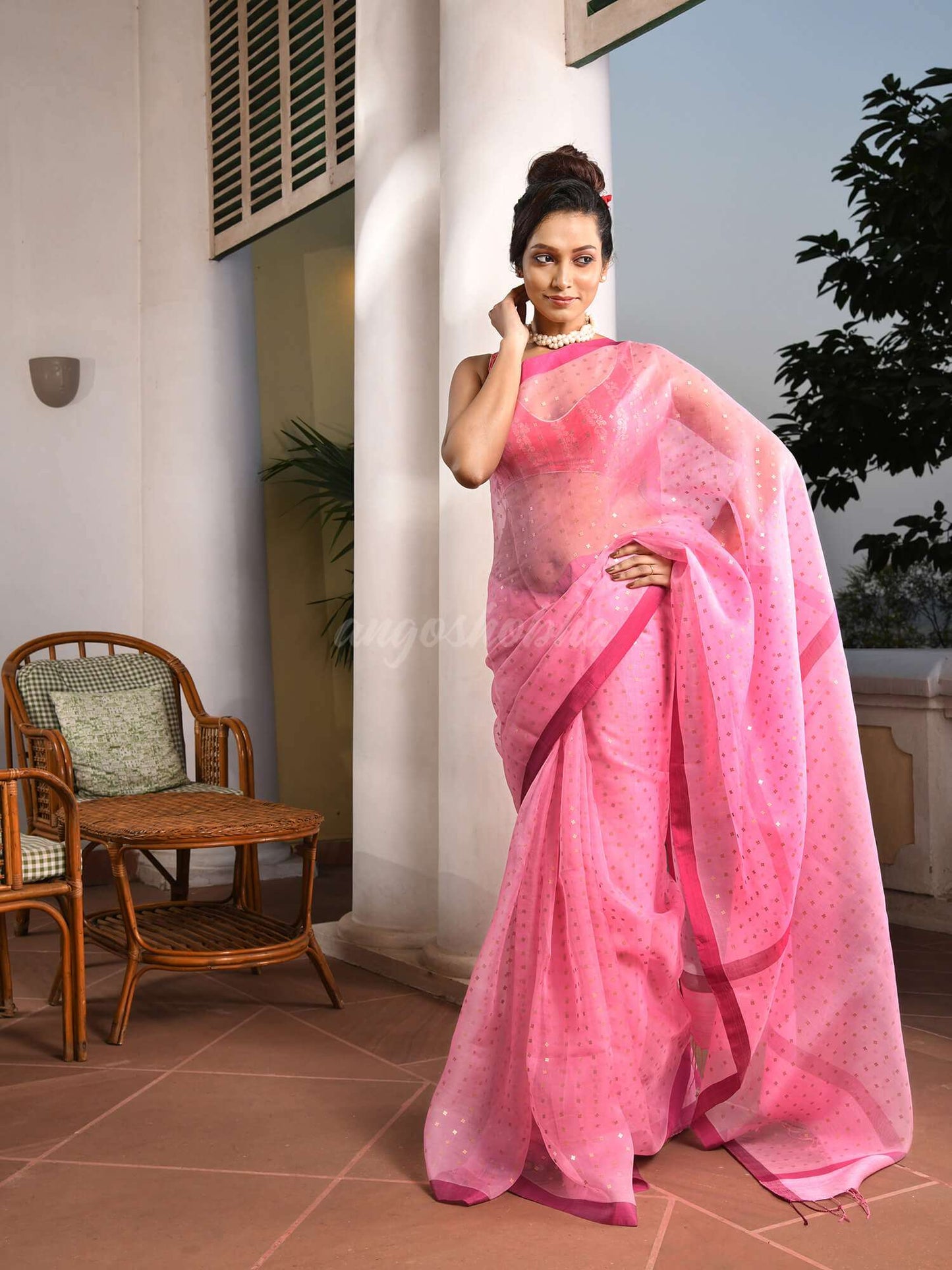 Baby Pink Silk All Body Sequence Work Handwoven Muslin Saree