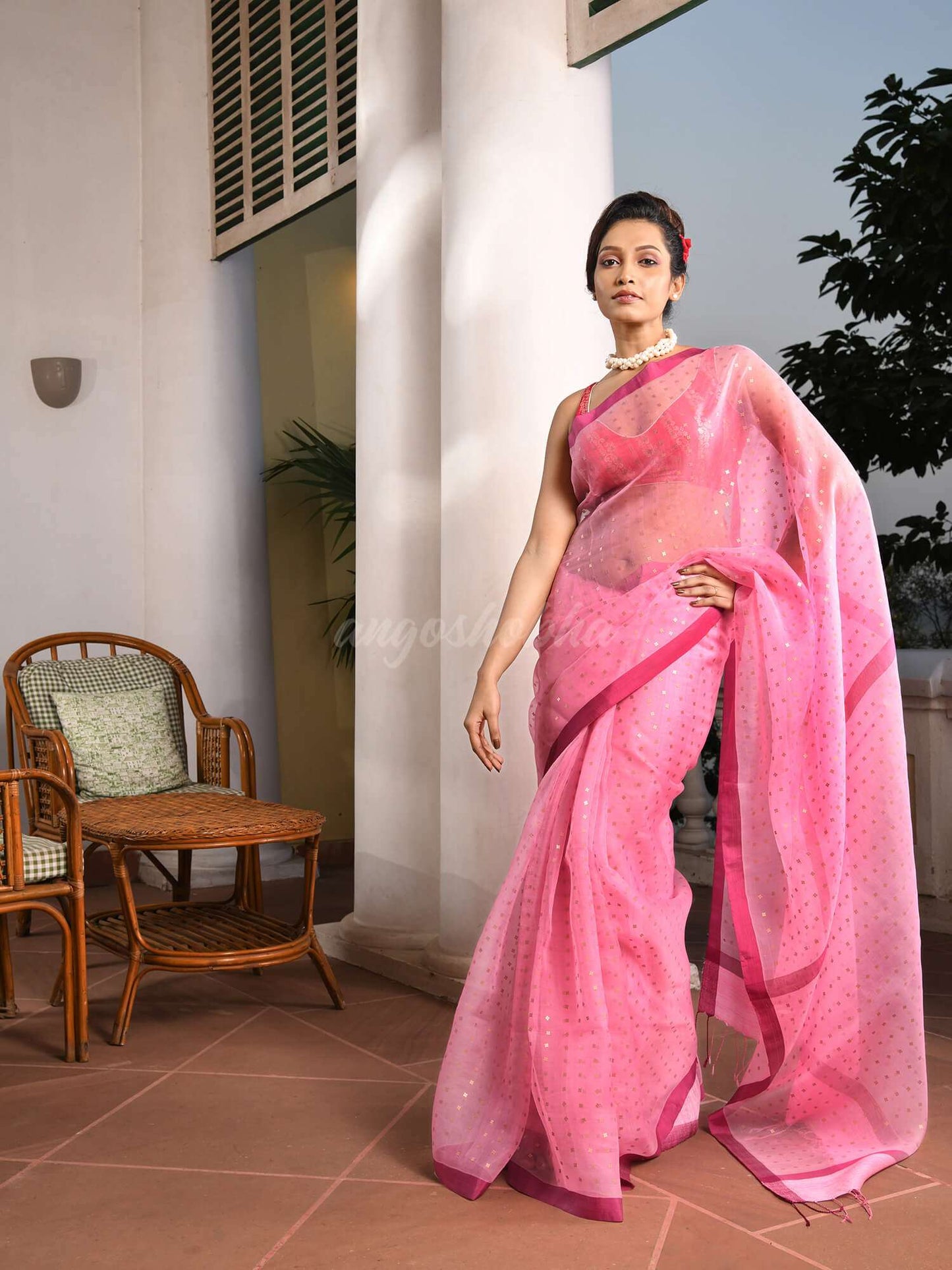 Baby Pink Silk All Body Sequence Work Handwoven Muslin Saree