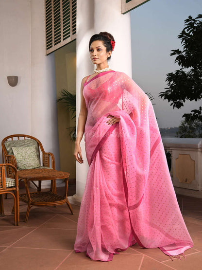 Baby Pink Silk All Body Sequence Work Handwoven Muslin Saree