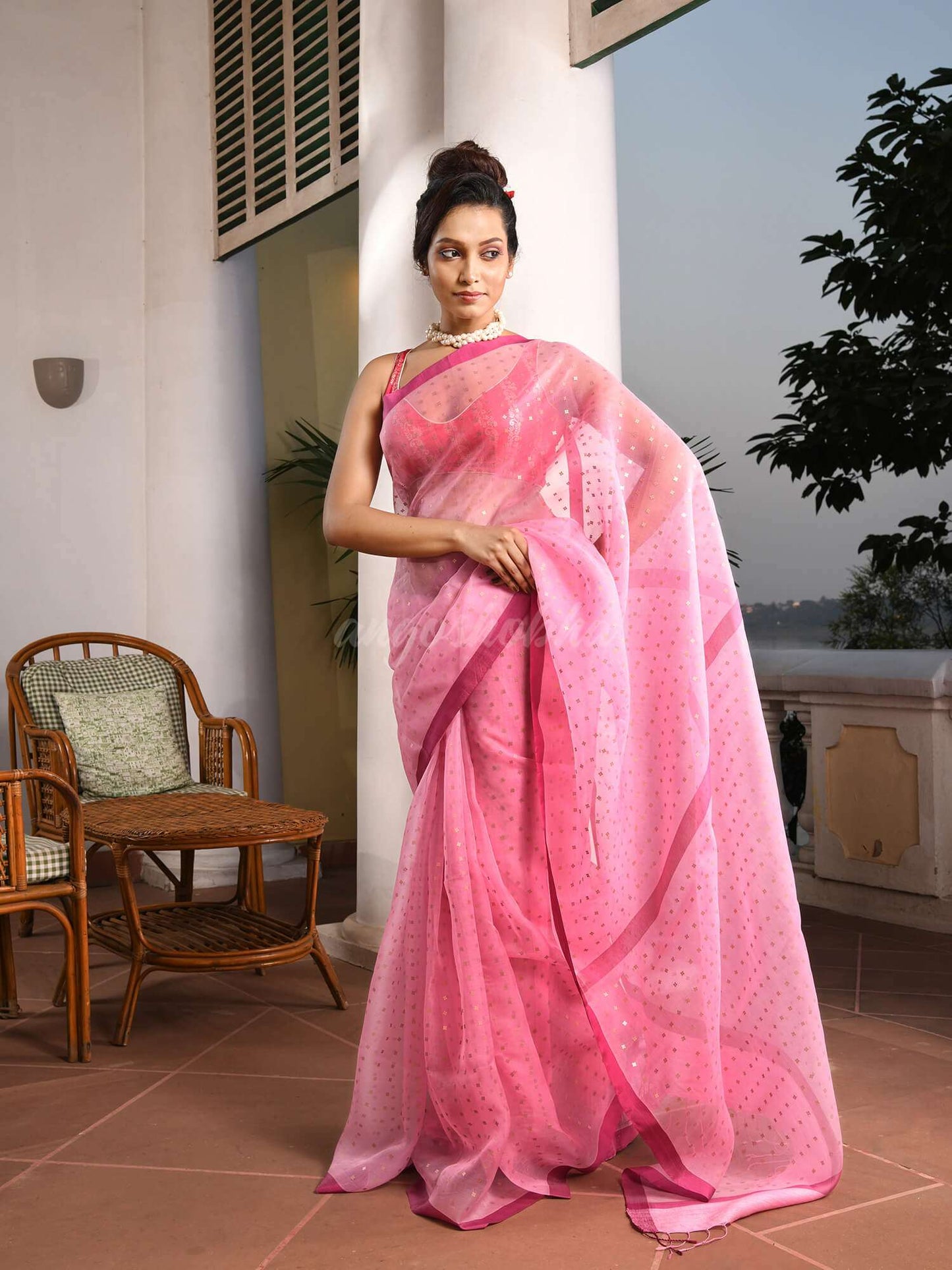 Baby Pink Silk All Body Sequence Work Handwoven Muslin Saree