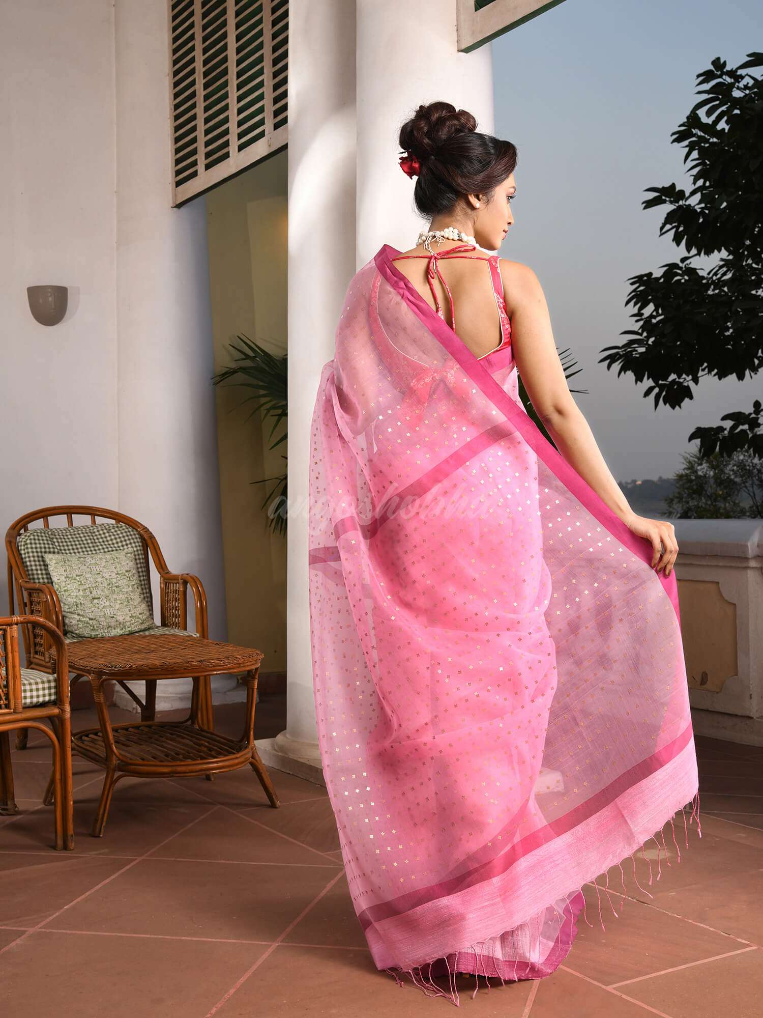 Baby Pink Silk All Body Sequence Work Handwoven Muslin Saree