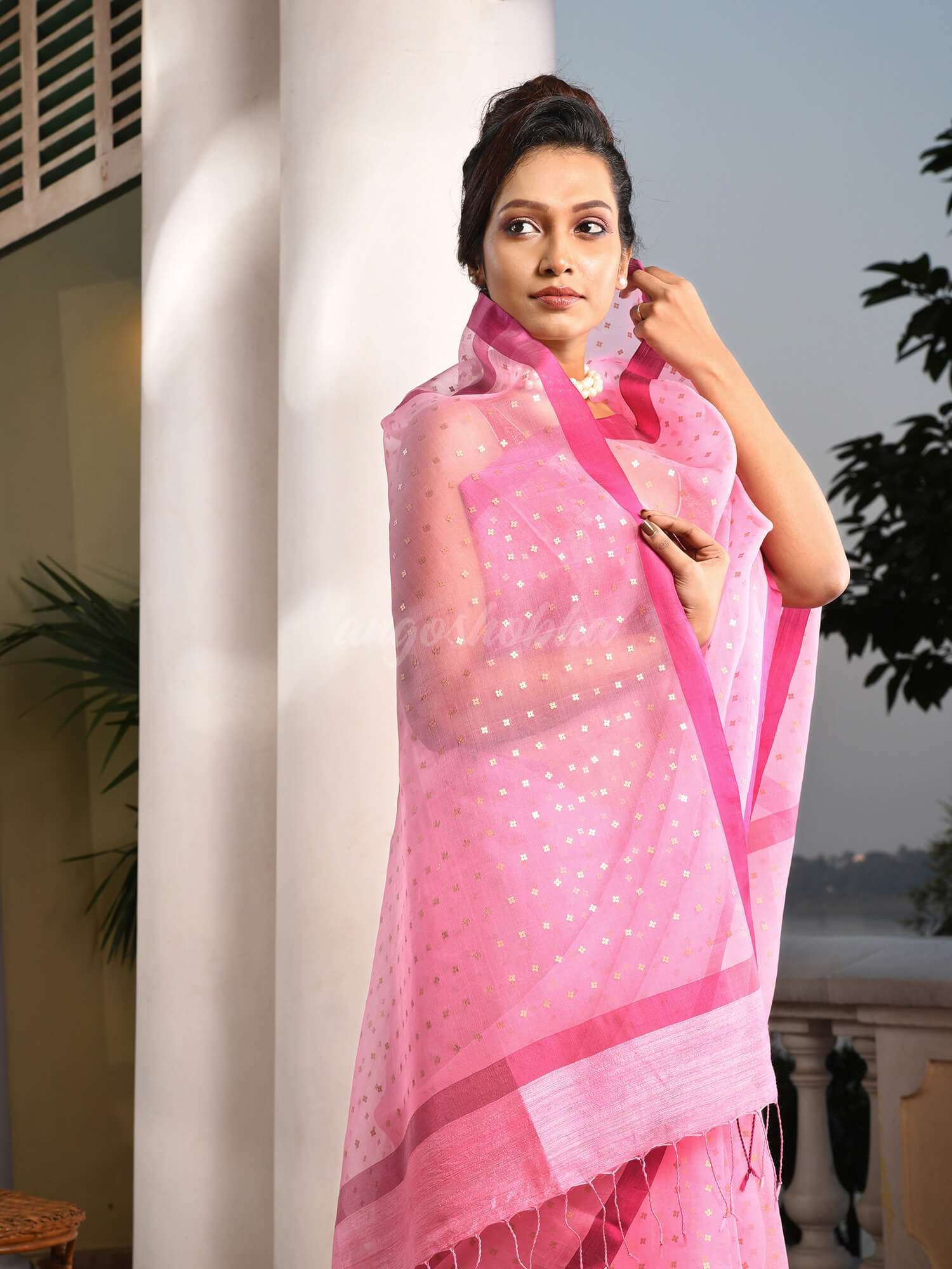 Baby Pink Silk All Body Sequence Work Handwoven Muslin Saree