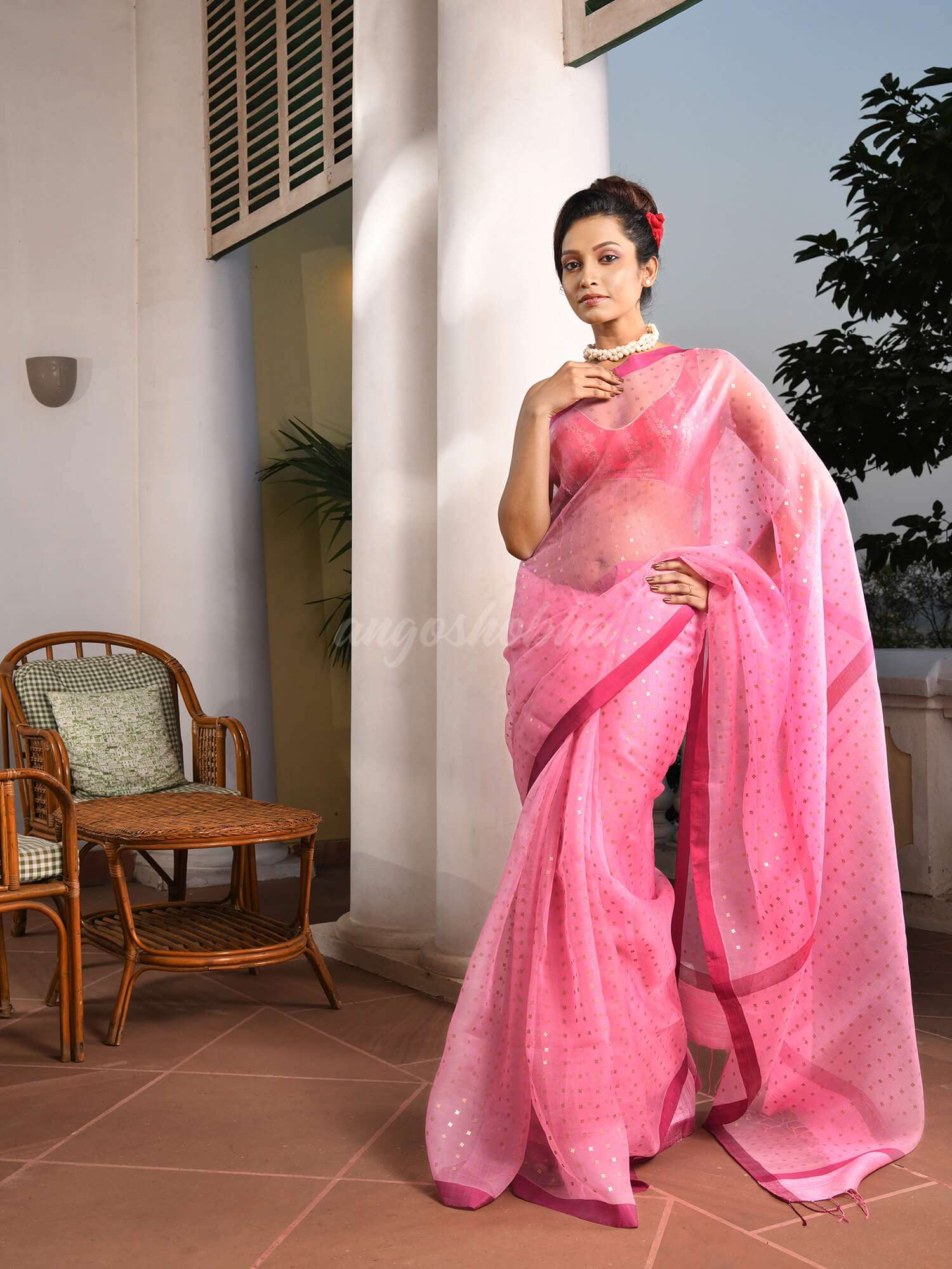 Baby Pink Silk All Body Sequence Work Handwoven Muslin Saree