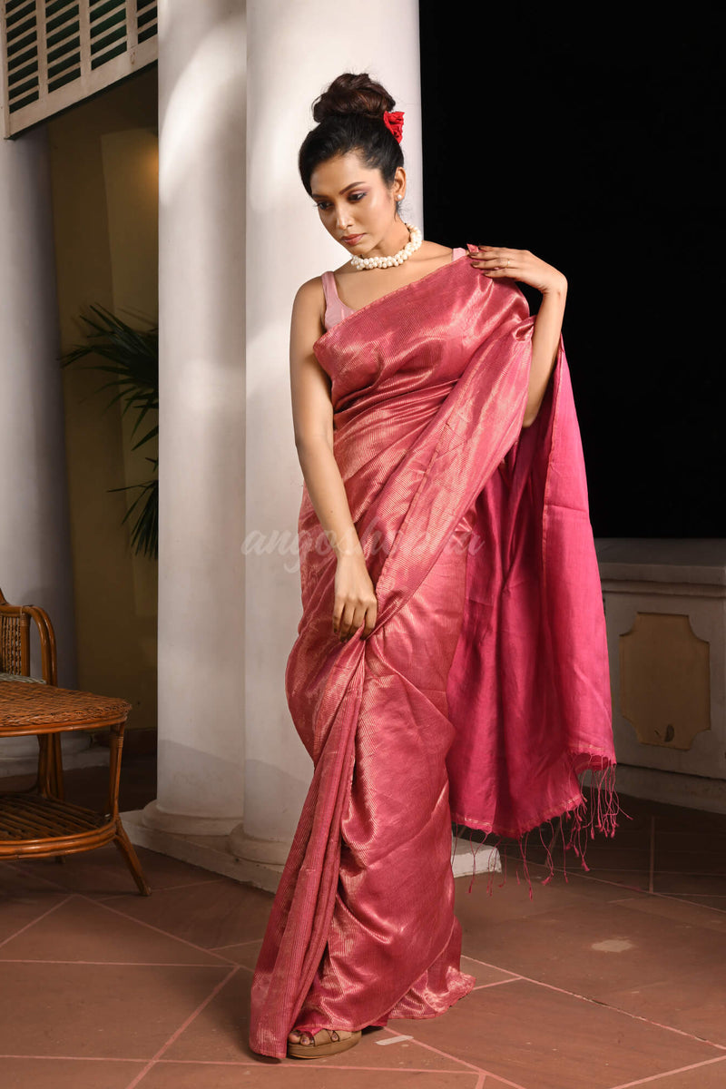 Magenta Tussar All Body Zari Check Handwoven Saree
