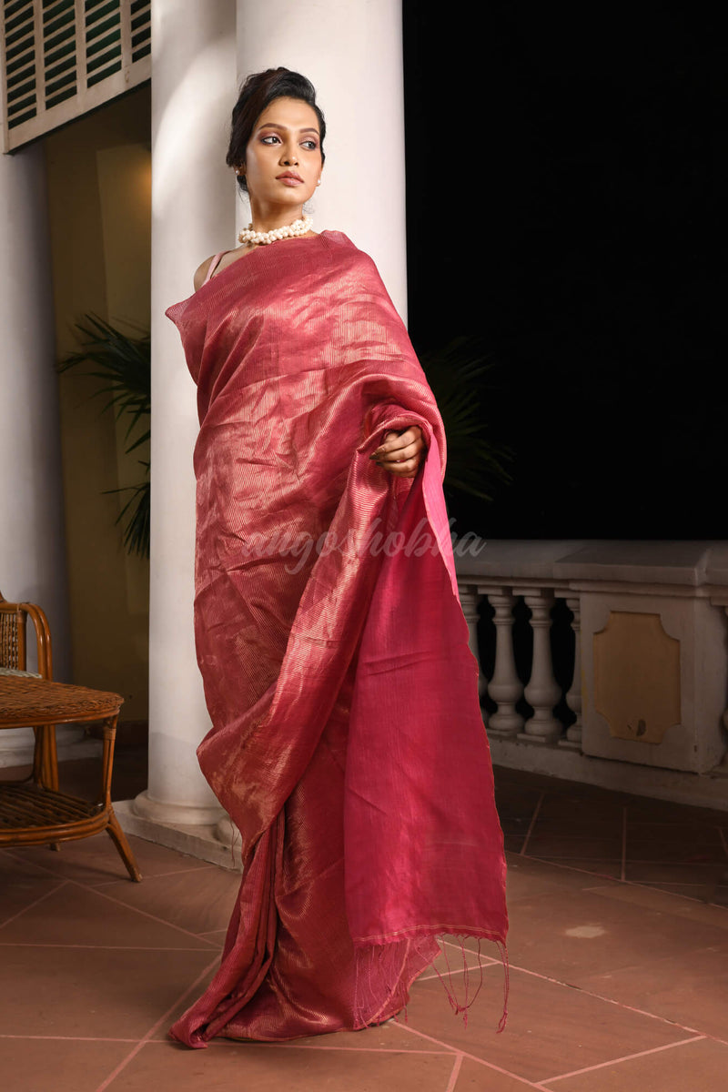 Magenta Tussar All Body Zari Check Handwoven Saree