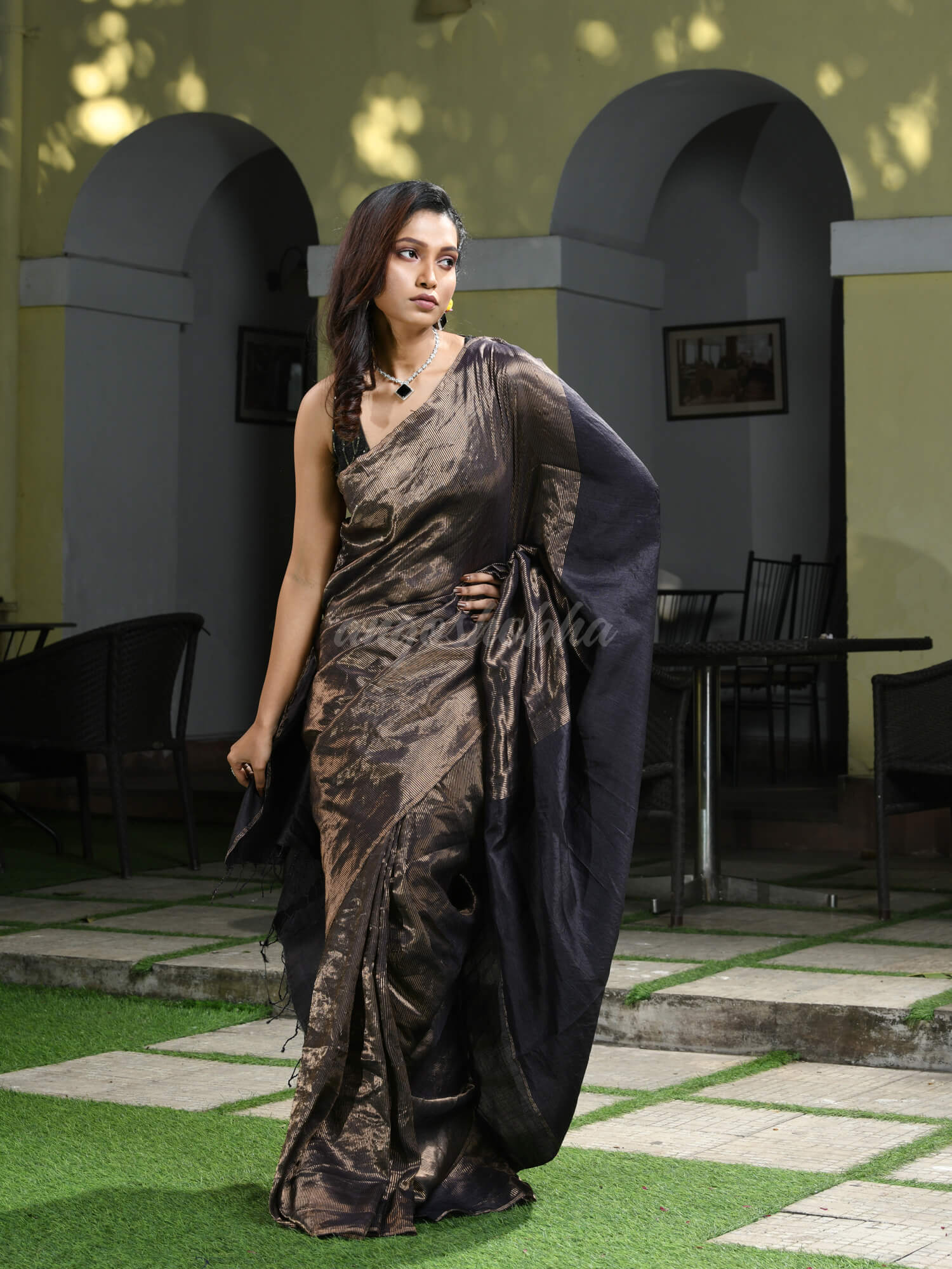 Dark Chocolate Tussar All Body Zari Check Handwoven Saree