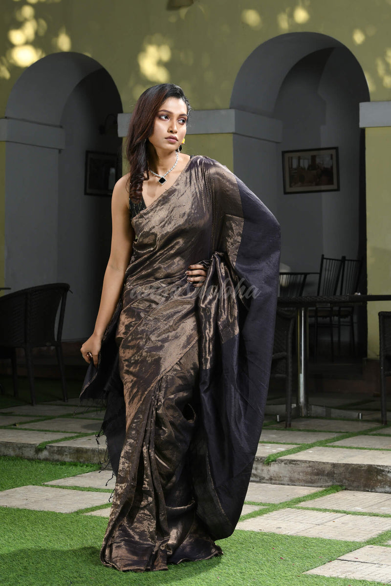 Dark Chocolate Tussar All Body Zari Check Handwoven Saree