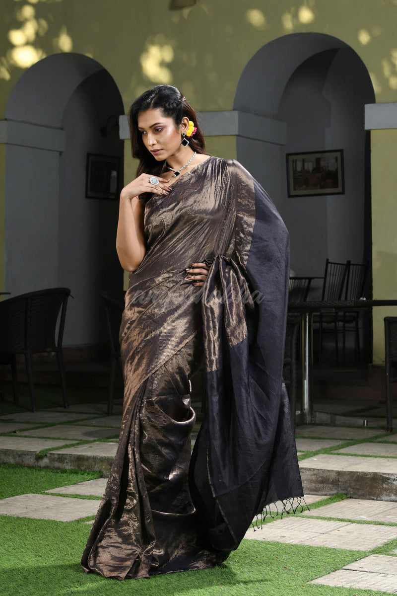 Dark Chocolate Tussar All Body Zari Check Handwoven Saree