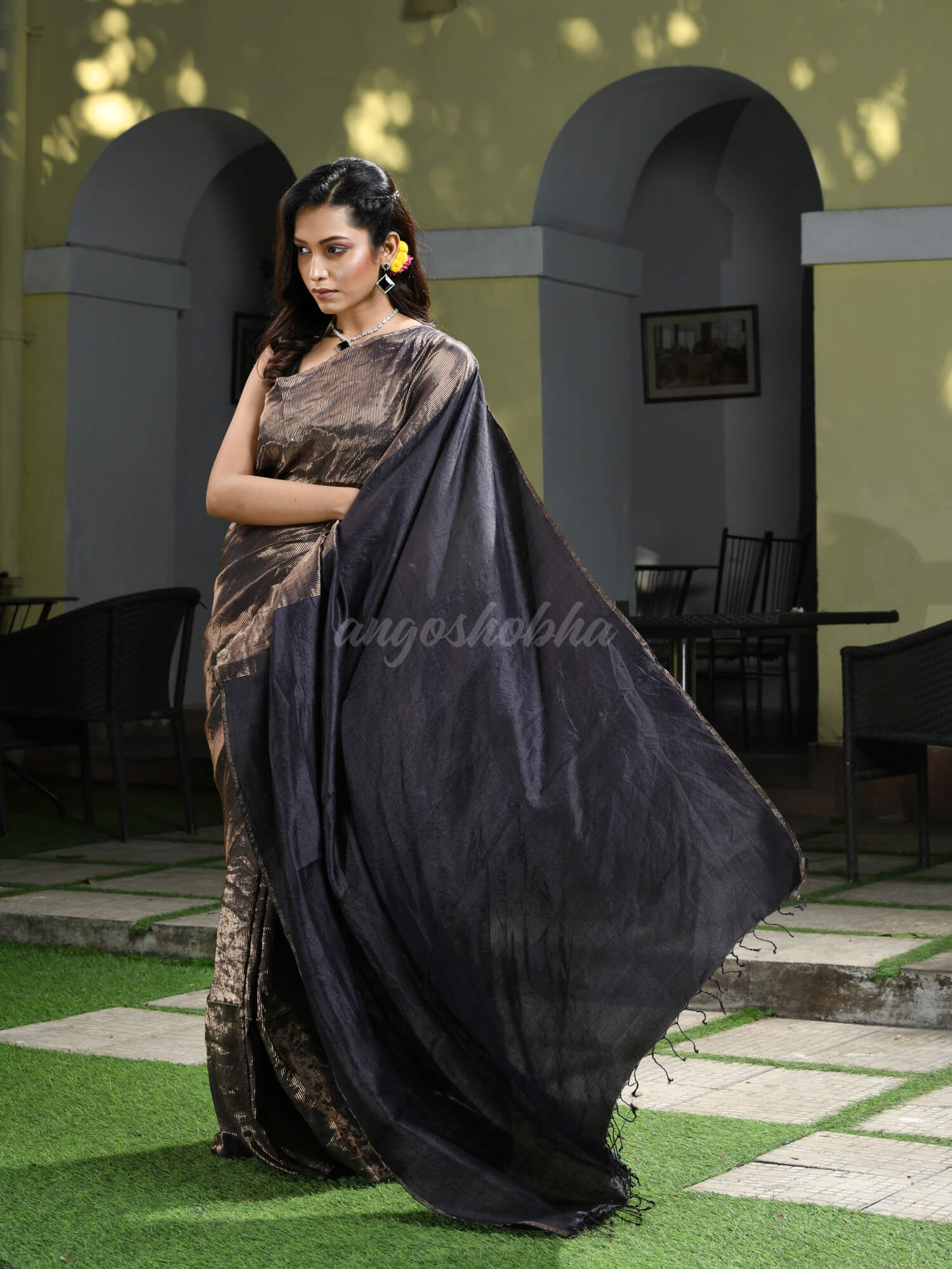 Dark Chocolate Tussar All Body Zari Check Handwoven Saree