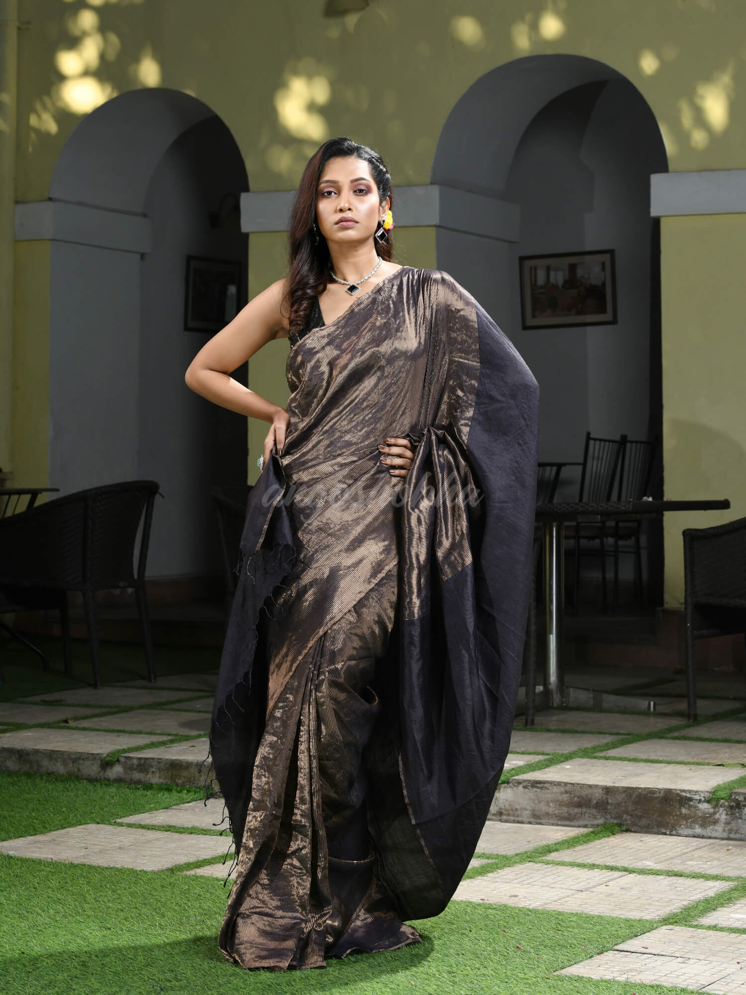 Dark Chocolate Tussar All Body Zari Check Handwoven Saree
