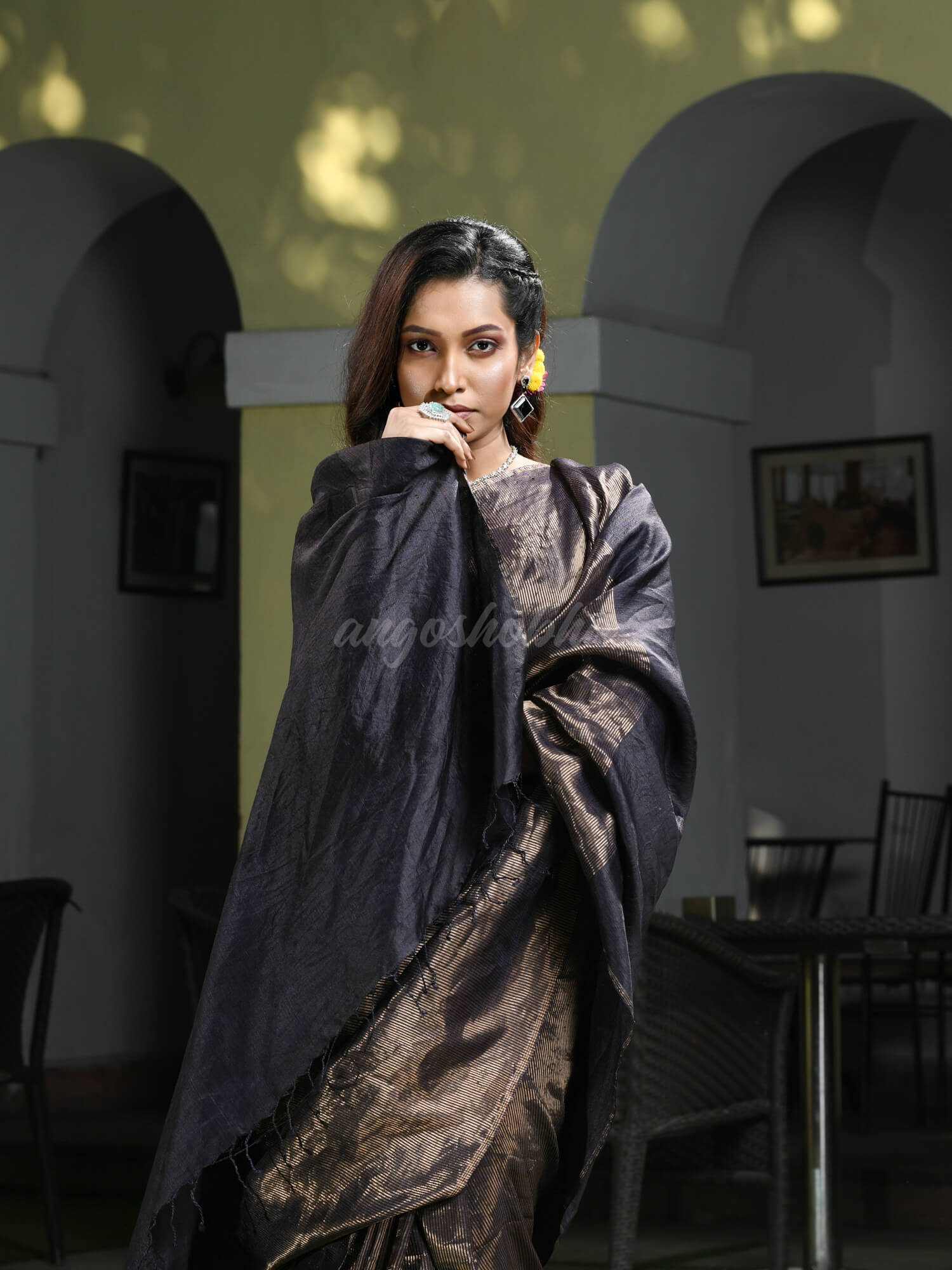 Dark Chocolate Tussar All Body Zari Check Handwoven Saree