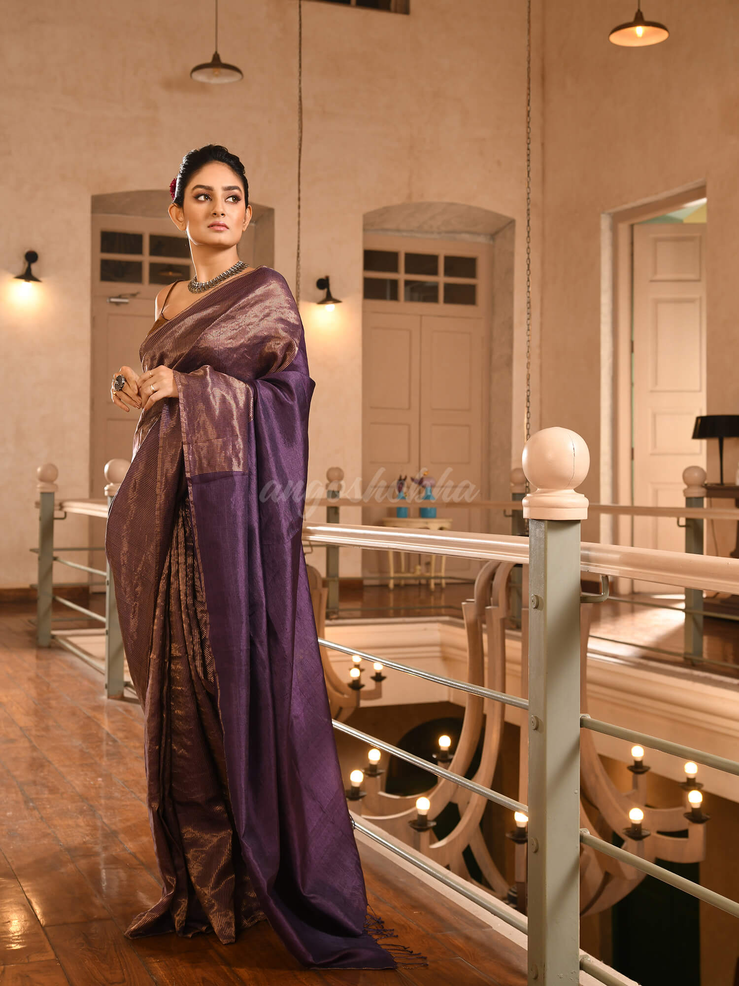 Violet Tussar All Body Zari Check Handwoven Saree