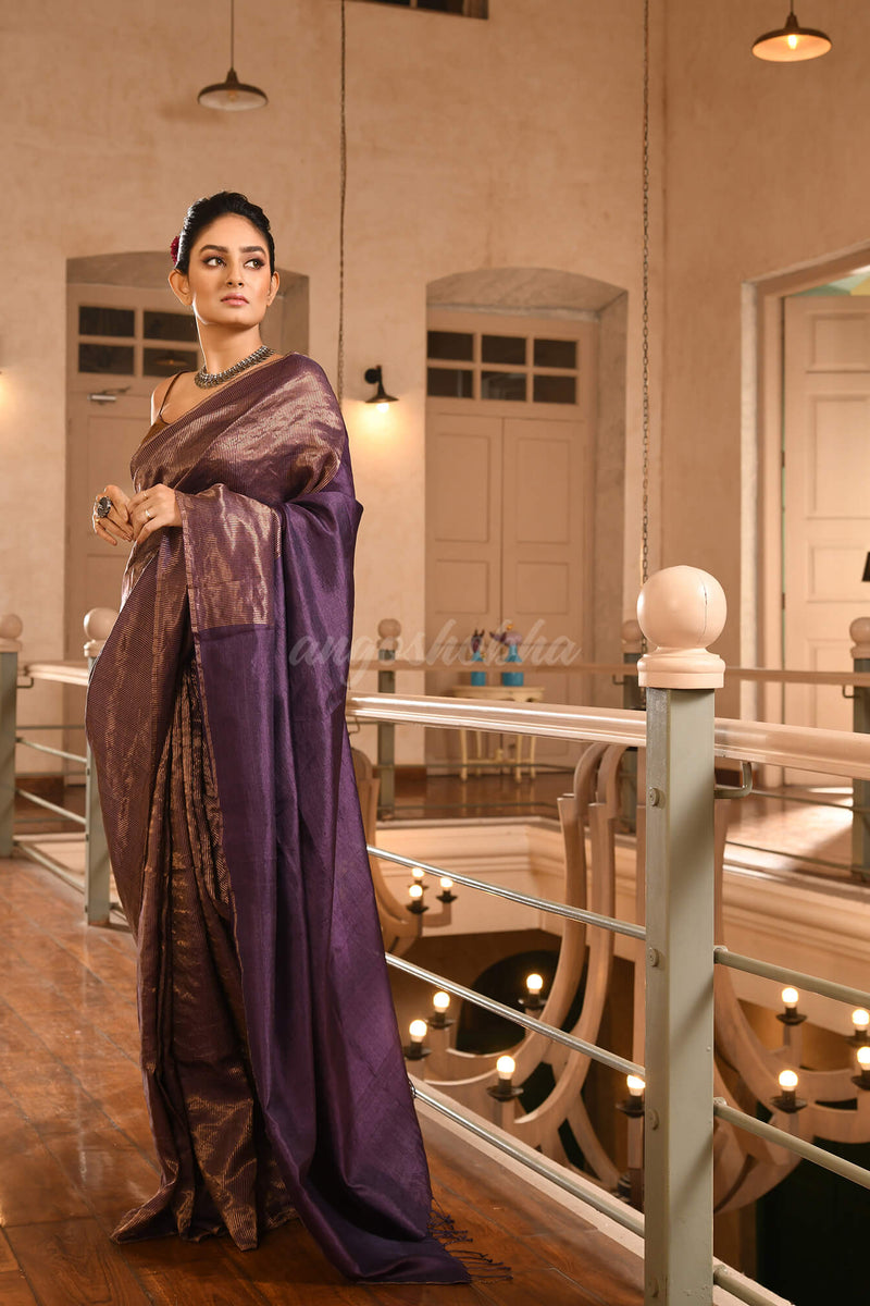 Violet Tussar All Body Zari Check Handwoven Saree
