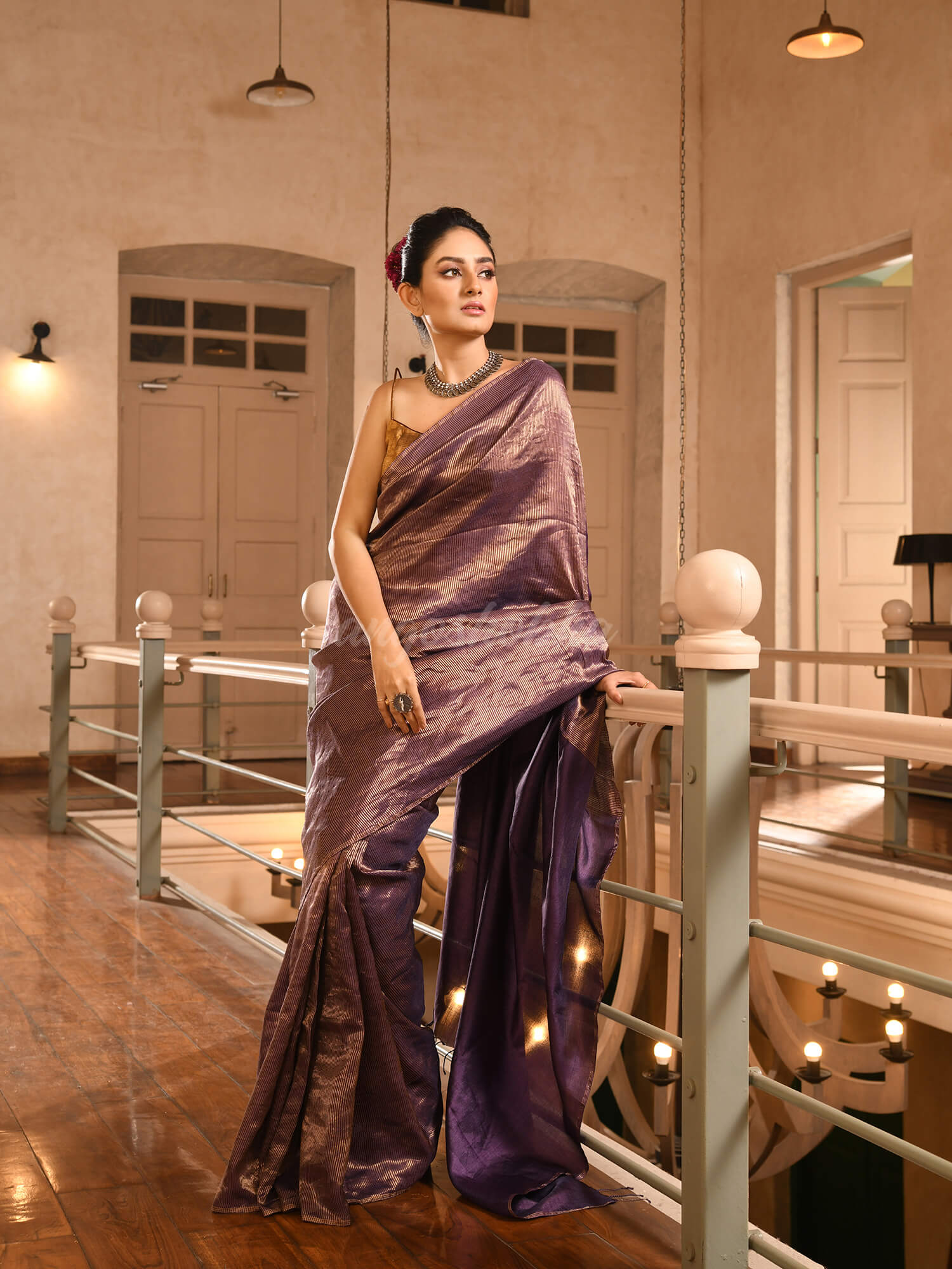 Violet Tussar All Body Zari Check Handwoven Saree