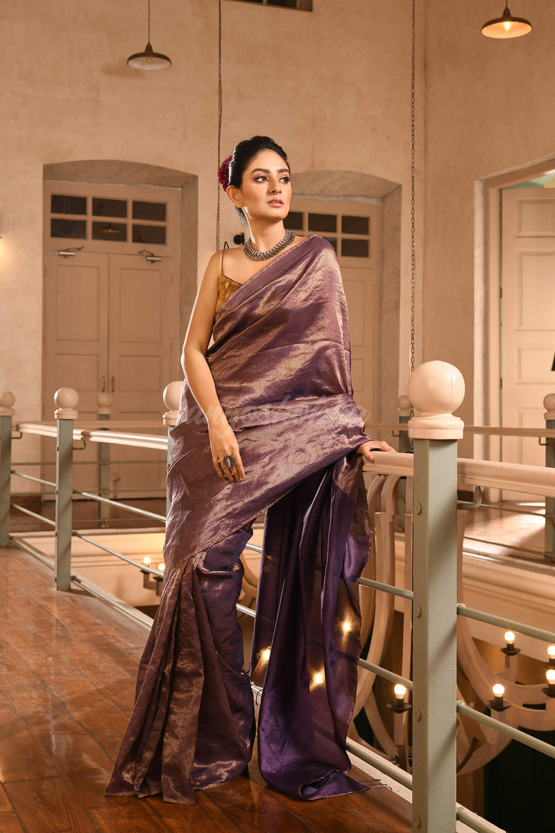 Violet Tussar All Body Zari Check Handwoven Saree
