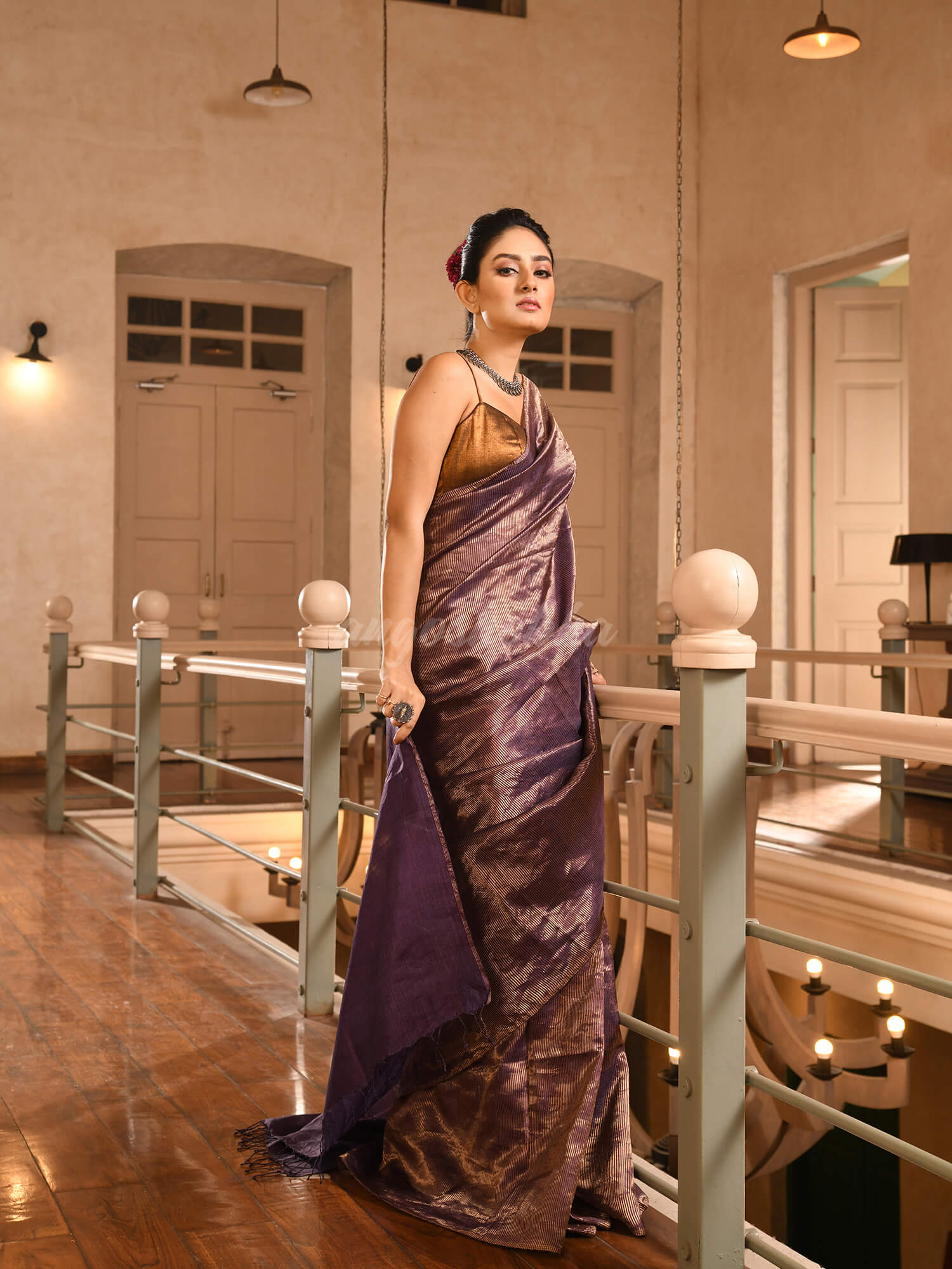 Violet Tussar All Body Zari Check Handwoven Saree