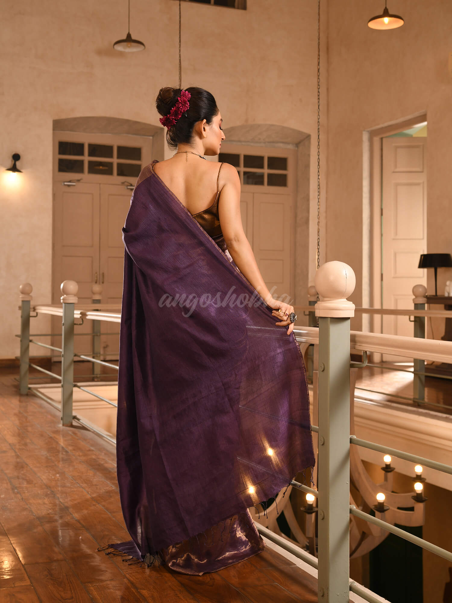 Violet Tussar All Body Zari Check Handwoven Saree