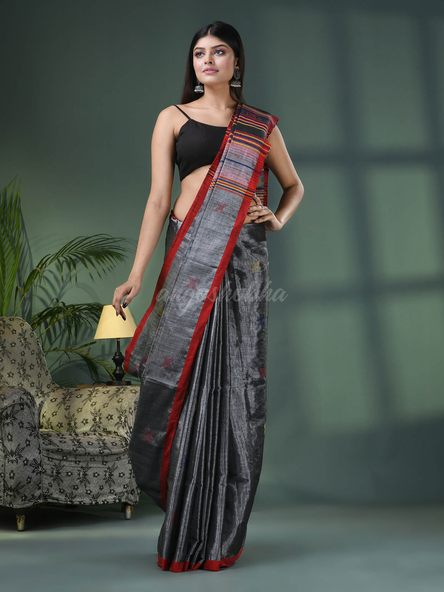 Grey Zari Cotton All Body Kantha Buti Handloom Tissue Saree