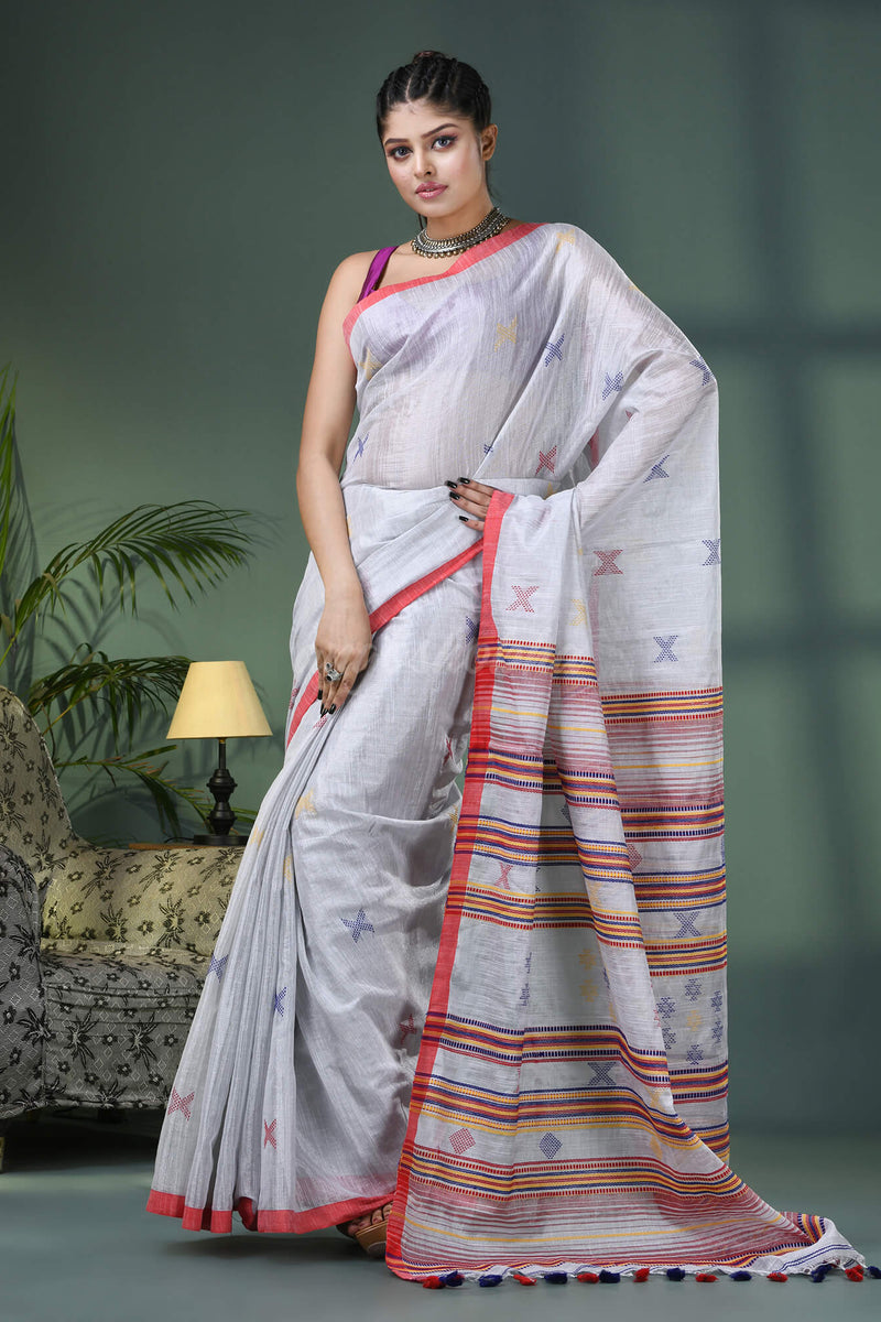 Silver Zari Cotton All Body Kantha Buti Handloom Tissue Saree