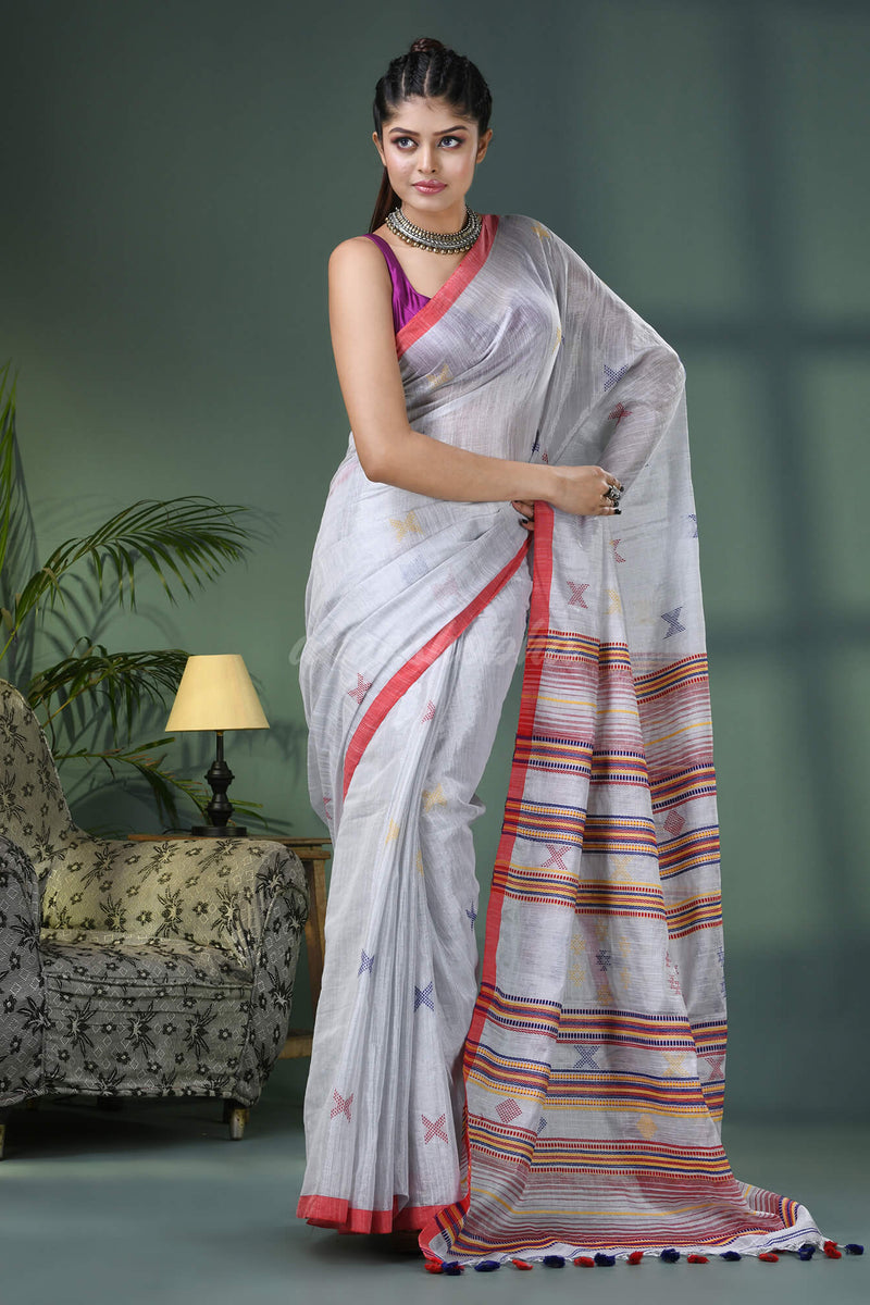 Silver Zari Cotton All Body Kantha Buti Handloom Tissue Saree