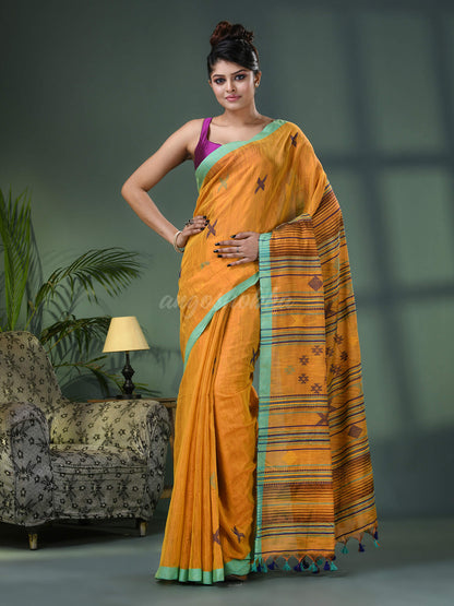 Yellow Zari Cotton All Body Kantha Buti Handloom Tissue Saree