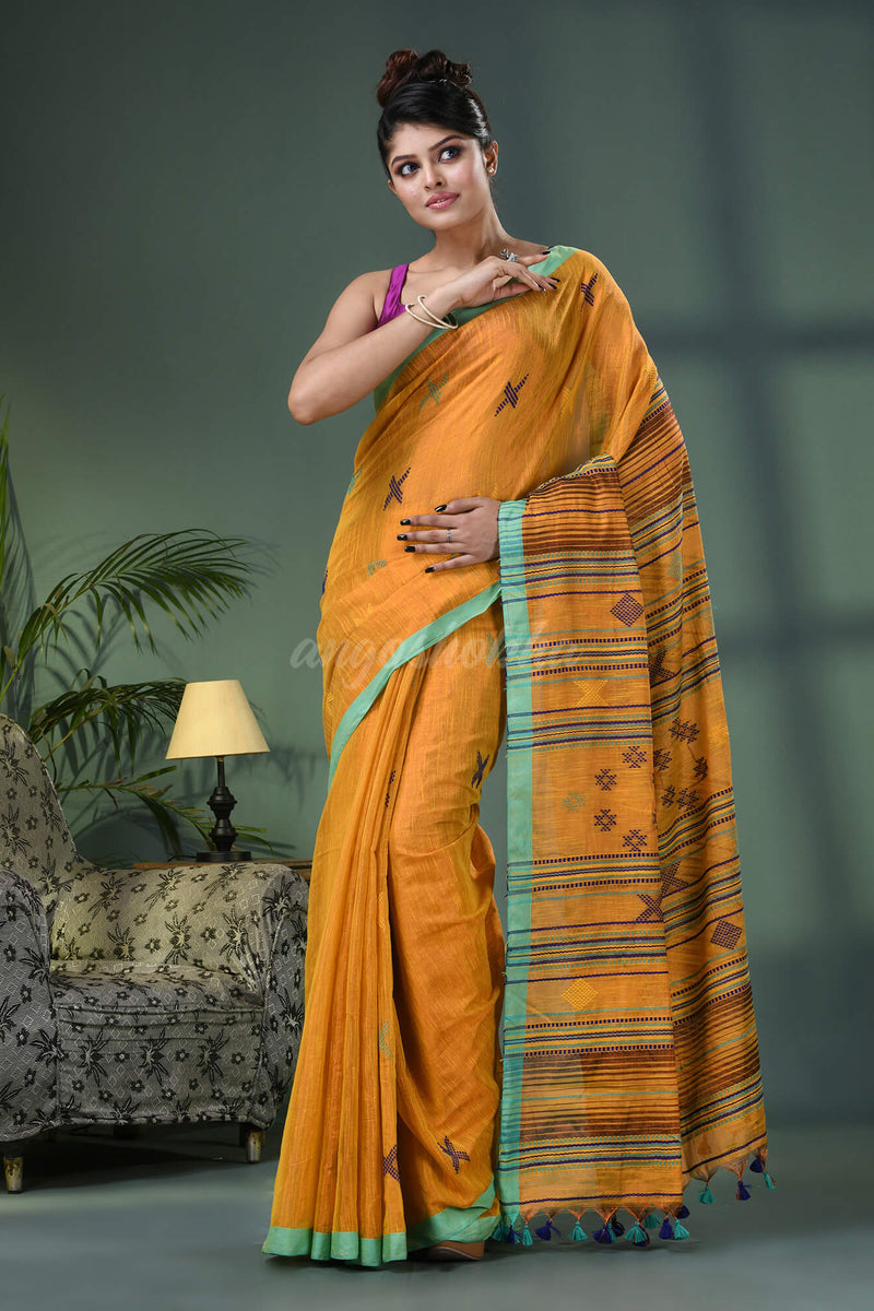 Yellow Zari Cotton All Body Kantha Buti Handloom Tissue Saree