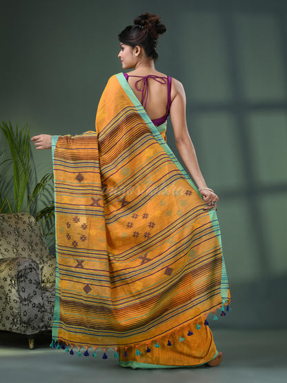 Yellow Zari Cotton All Body Kantha Buti Handloom Tissue Saree