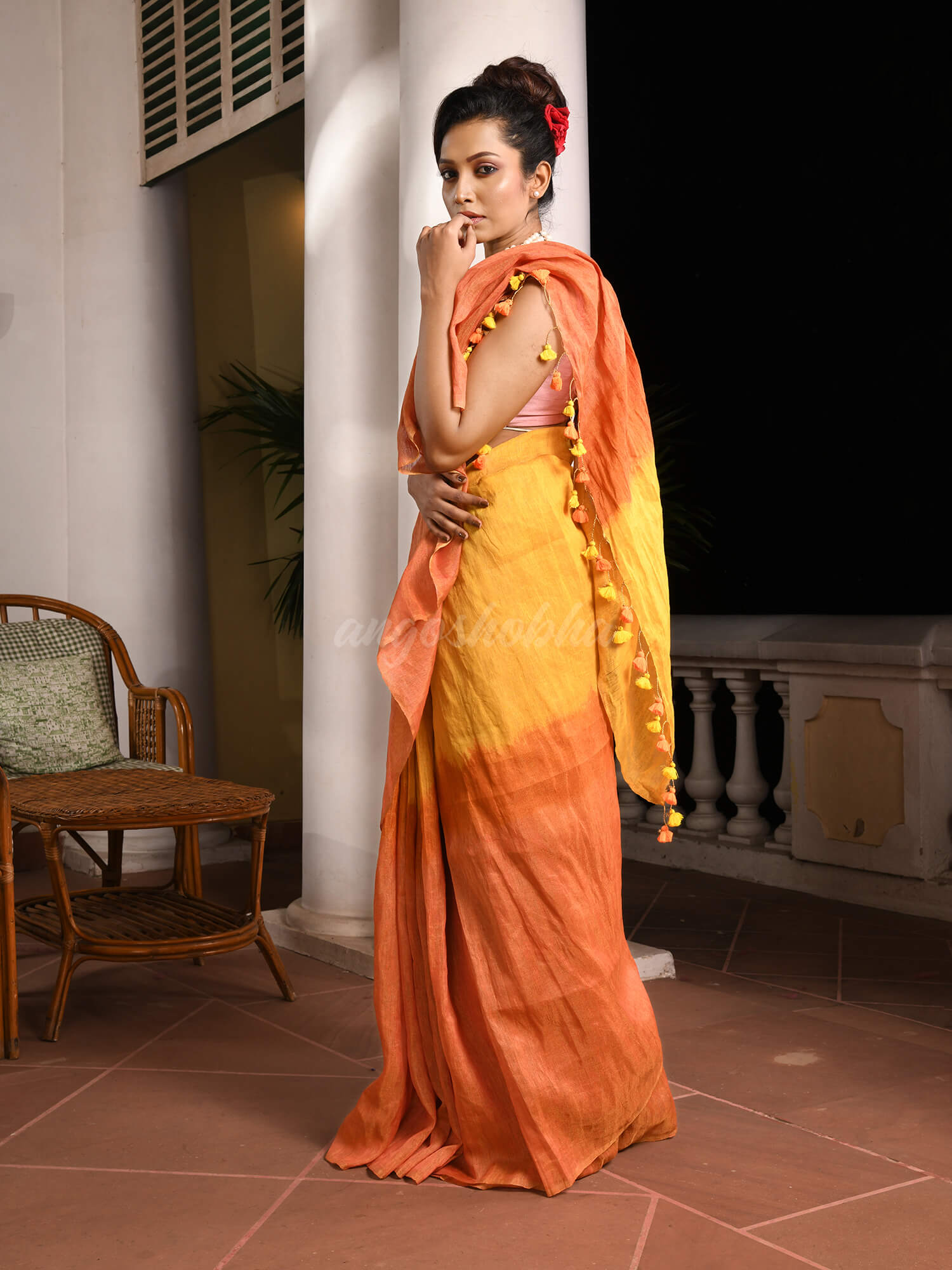 Yellow & Orange Zari Linen Dry Half And Half Handwoven Saree