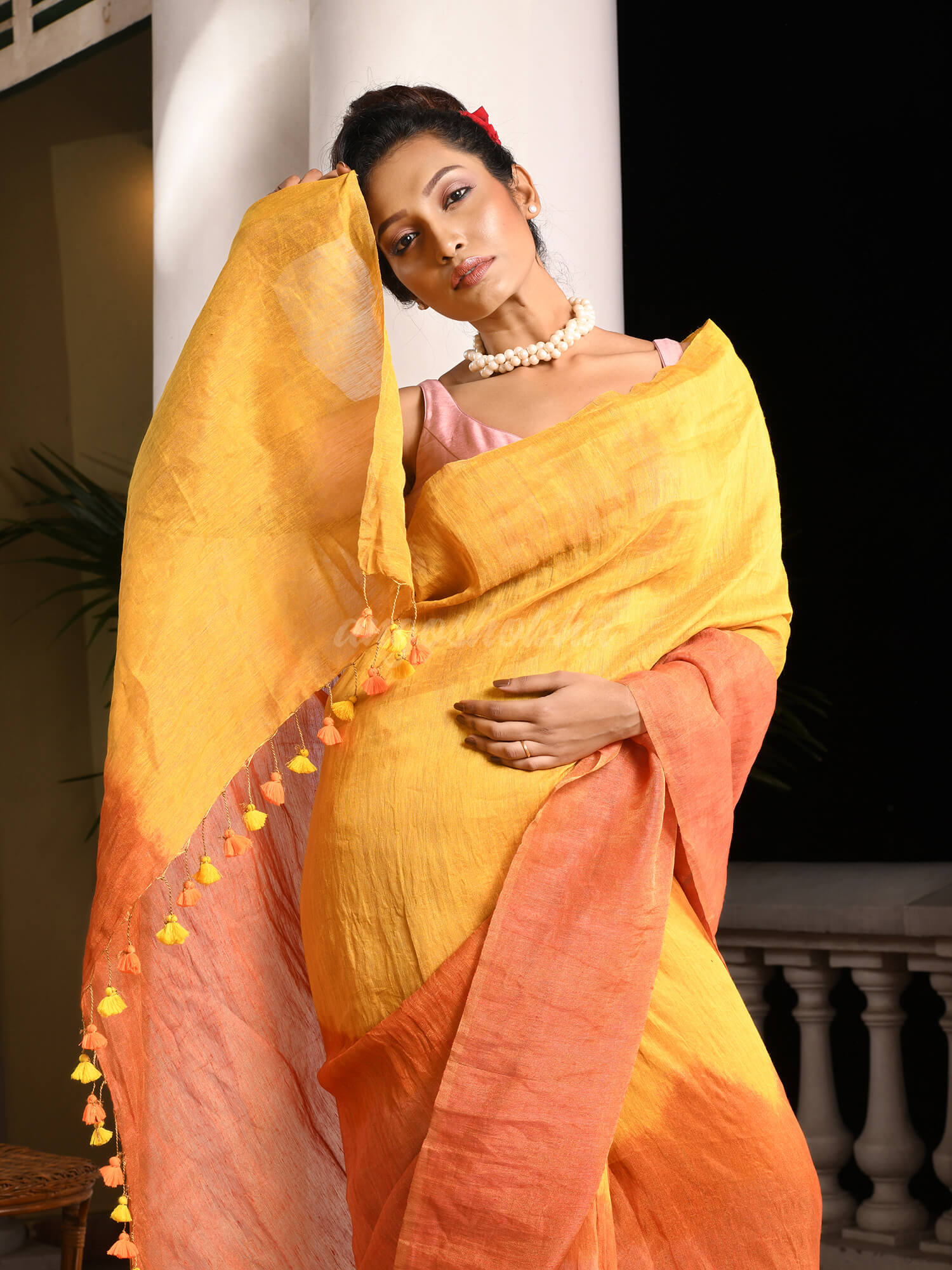 Yellow & Orange Zari Linen Dry Half And Half Handwoven Saree