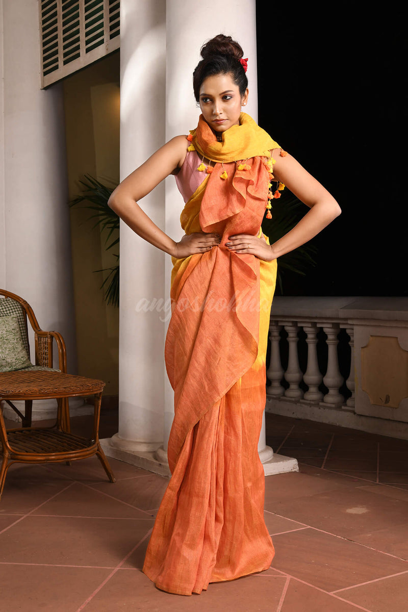 Yellow & Orange Zari Linen Dry Half And Half Handwoven Saree
