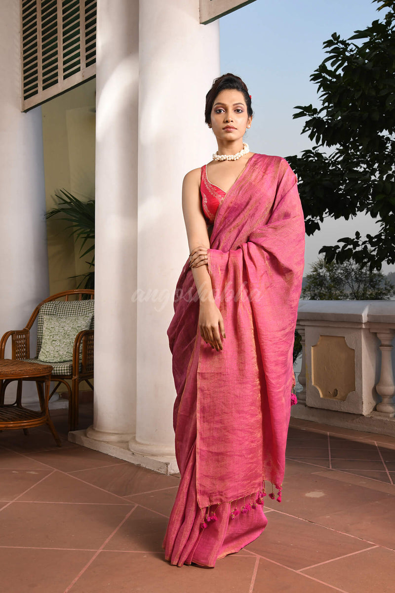 Violet & Pink Zari Linen Dry Half And Half Handwoven Saree