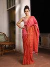 Red & Magenta Zari Linen Dry Half And Half Handwoven Saree