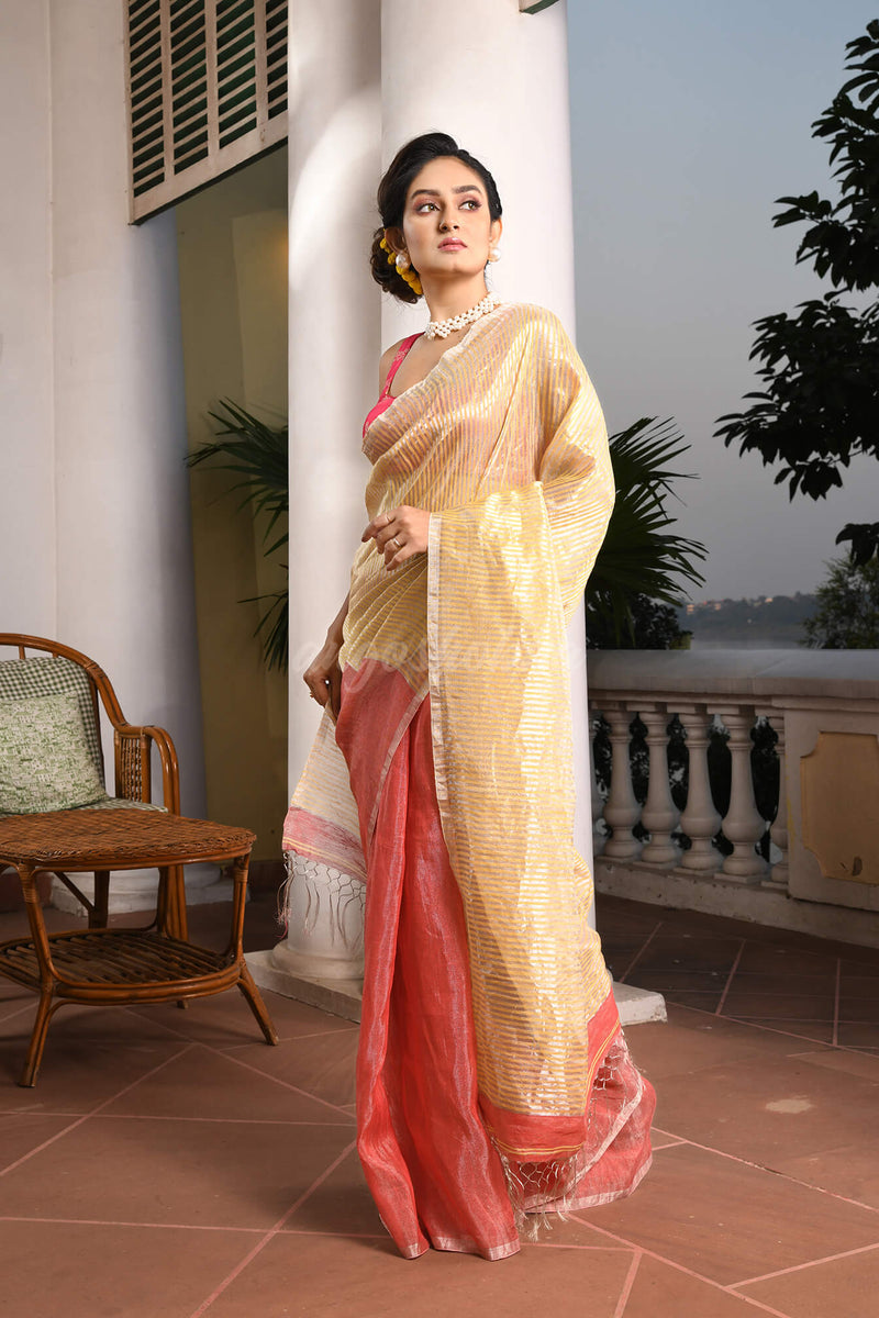 Dark Peach Linen Silver Zari Check Pallu Handwoven Saree