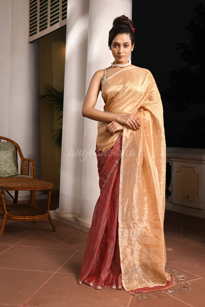 Maroon Linen Silver Zari Check Pallu Handwoven Saree