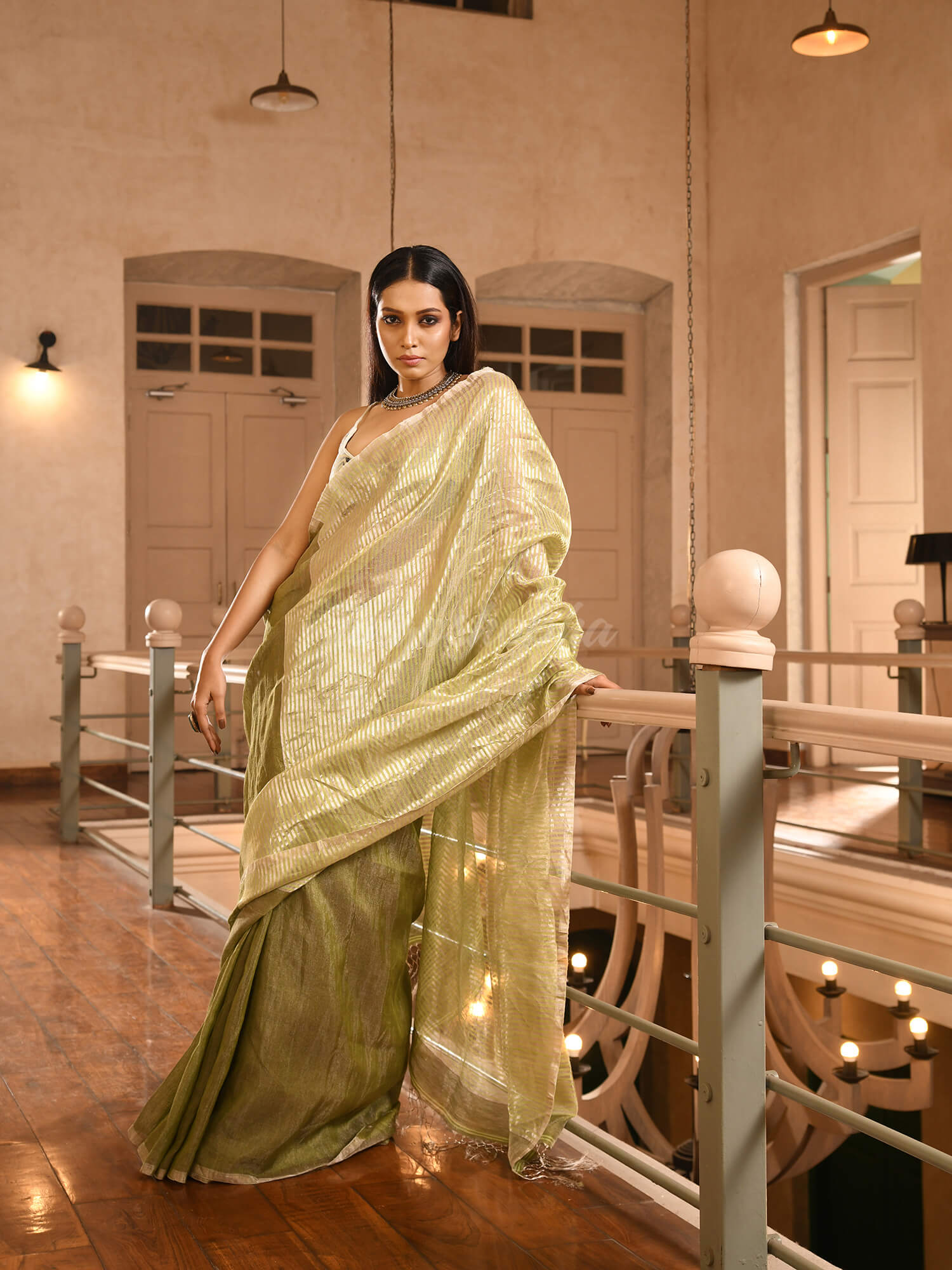 Olive Green Linen Silver Zari Check Pallu Handwoven tissue saree