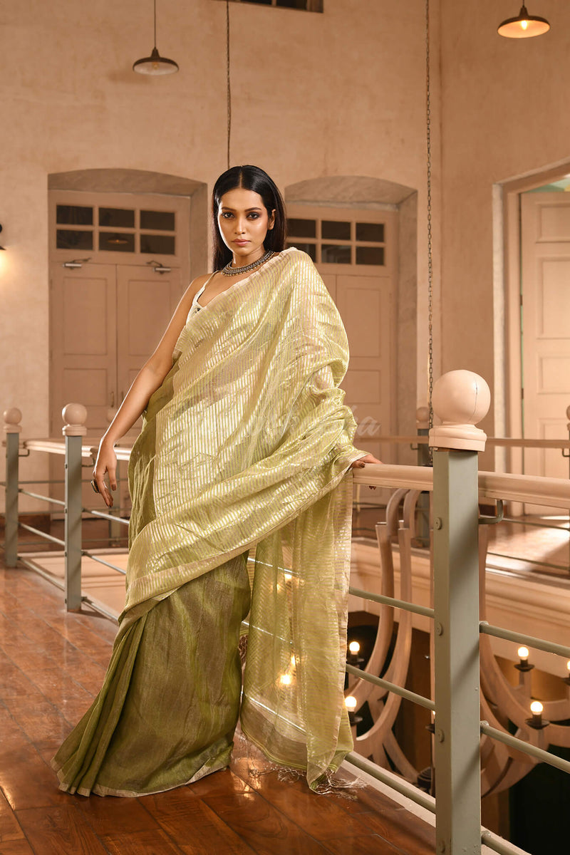 Olive Green Linen Silver Zari Check Pallu Handwoven Saree